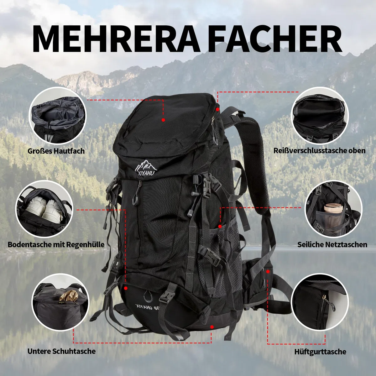 Wanderrucksack 60L Wasserdicht mit Regenhülle – Trekkingrucksack mit Tragesystem, Trinksystem-Kompatibilität, Schuhfach, Leicht & Ergonomisch für Camping, Wandern & Mehrtagestouren (Schwarz)
