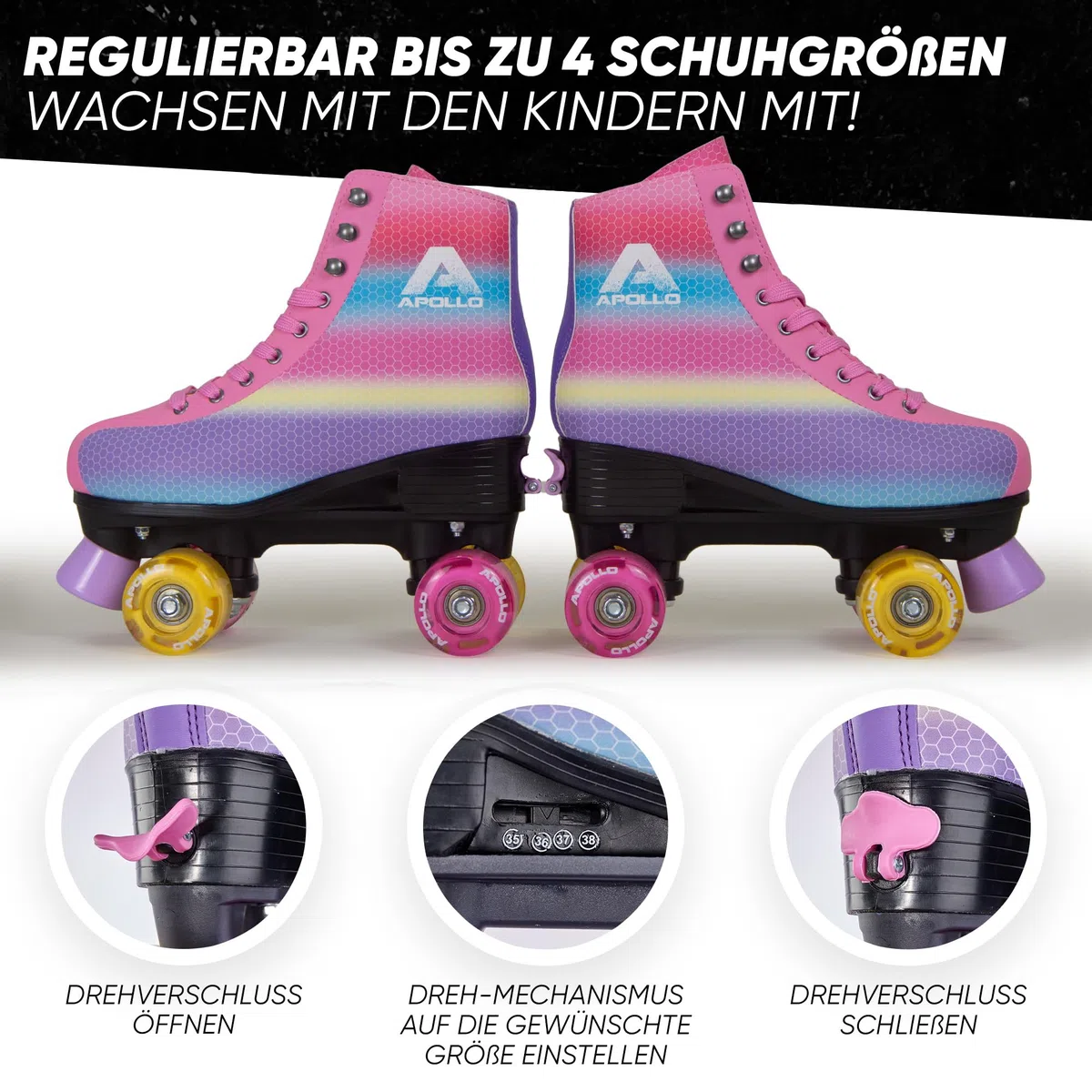 Apollo Disco Roller, Classic Roller | Rollschuhe für Kinder und Erwachsene | größenverstellbare Quad-Skates, 3 Größen, verstellbar von 31 bis 42 | Rollschuhe Damen in schicken Designs