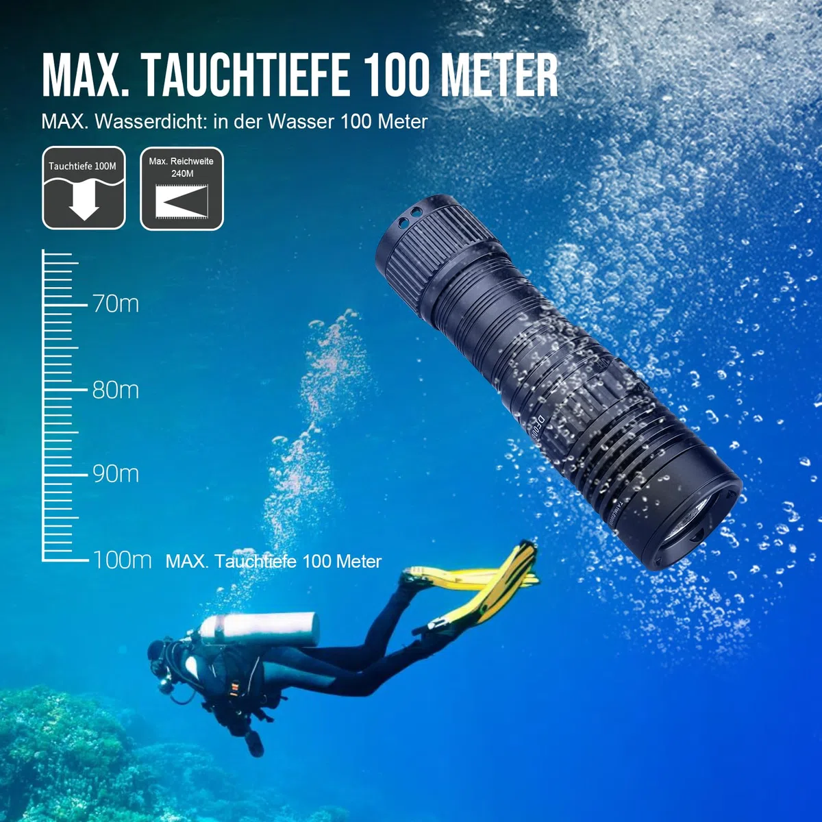 Trustfire DF006 Tauchlampe, 2300 Lumen Tauchen Taschenlampe Wiederaufladbar, 100 Meter Tauchtiefe LED Unterwasser Taschenlampe, 3 Lichtmodi Taucherlampe mit Handschlaufe