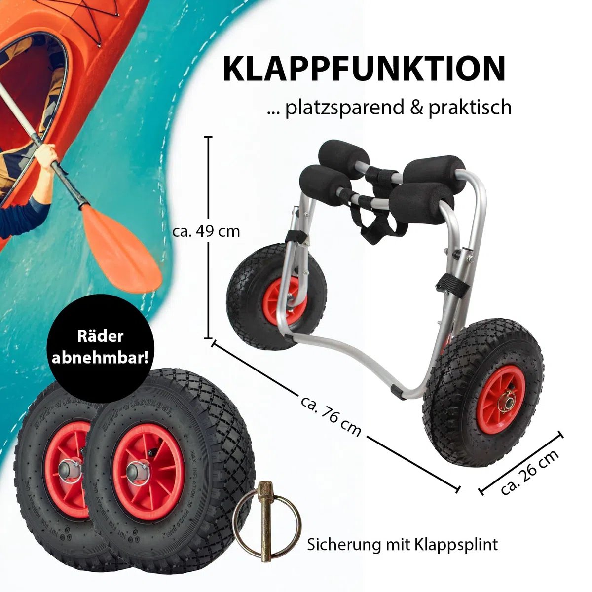 TRUTZHOLM Kajakwagen klappbar aus Aluminium mit Schaumstoff-Polsterung Lufträder Kanuwagen bis 80 kg Transportwagen für Wassersportgeräte Kajakwagen SUP Wagen Bootswagen Surfwagen inkl. Spannriemen