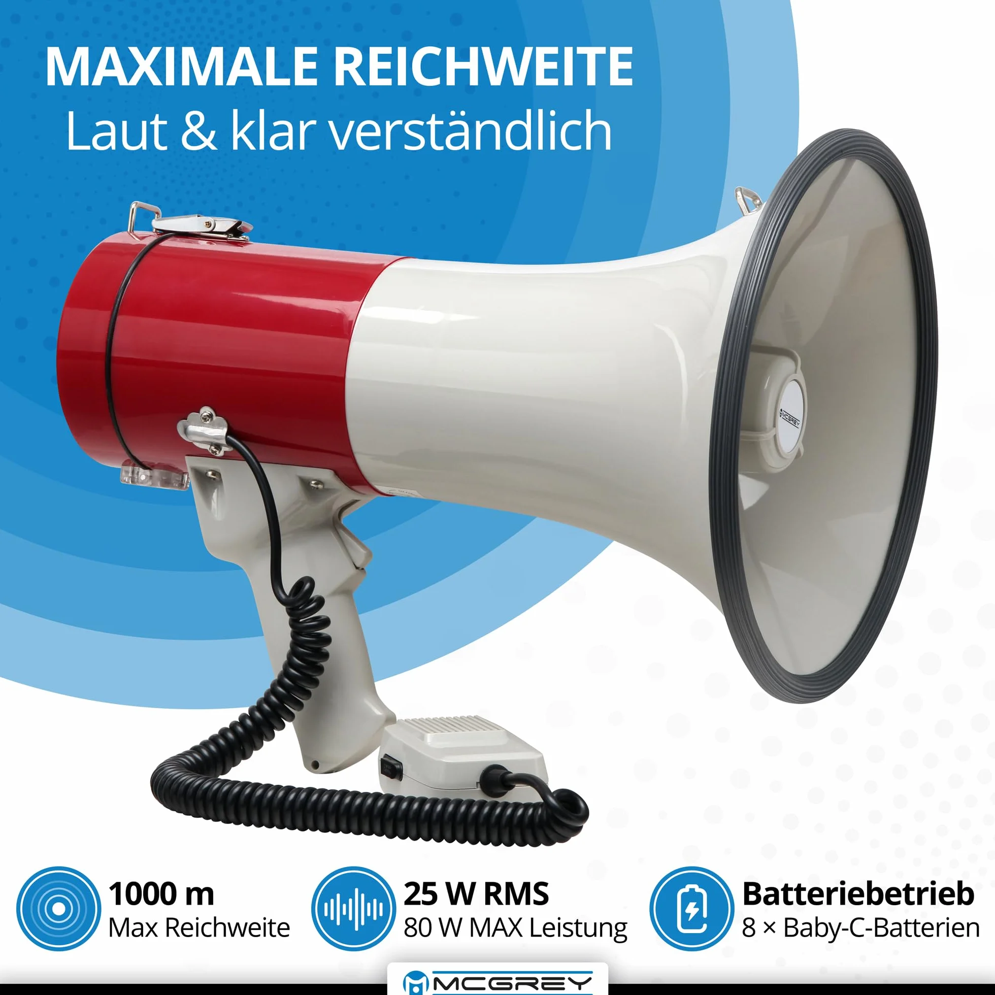 McGrey MP-500HS Megaphon (Sprachrohr, 25 Watt RMS/80 Watt MAX, bis zu 1000m Reichweite, Handmikrofon, Sirene, batteriebetrieben) weiß/rot