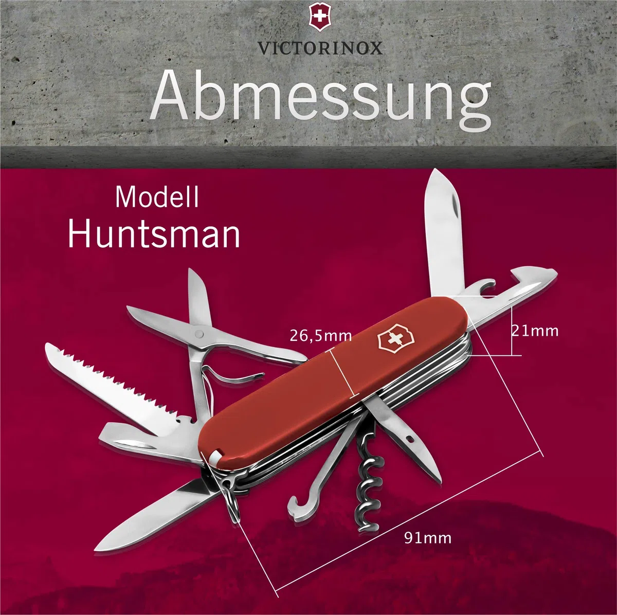 Victorinox Huntsman Schweizer Taschenmesser personalisiert mit Namen/Multitool Camping und Outdoor mit Schere und Säge / 15 Funktionen/Swiss Knife/Geschenke für Männer/Männergeschenke
