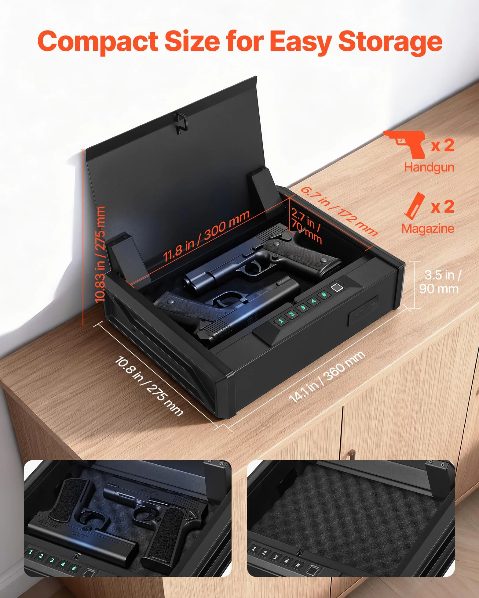 VEVOR Waffentresor Pistolentresor mit Fingerabdruck/Passwort (vierstelliger Code)/Schlüssel, Waffensafe Waffenkofferbox mit Beleuchtung für 2 Pistole & 2 Magazine, 360 x 275 x 90 mm Waffenbox