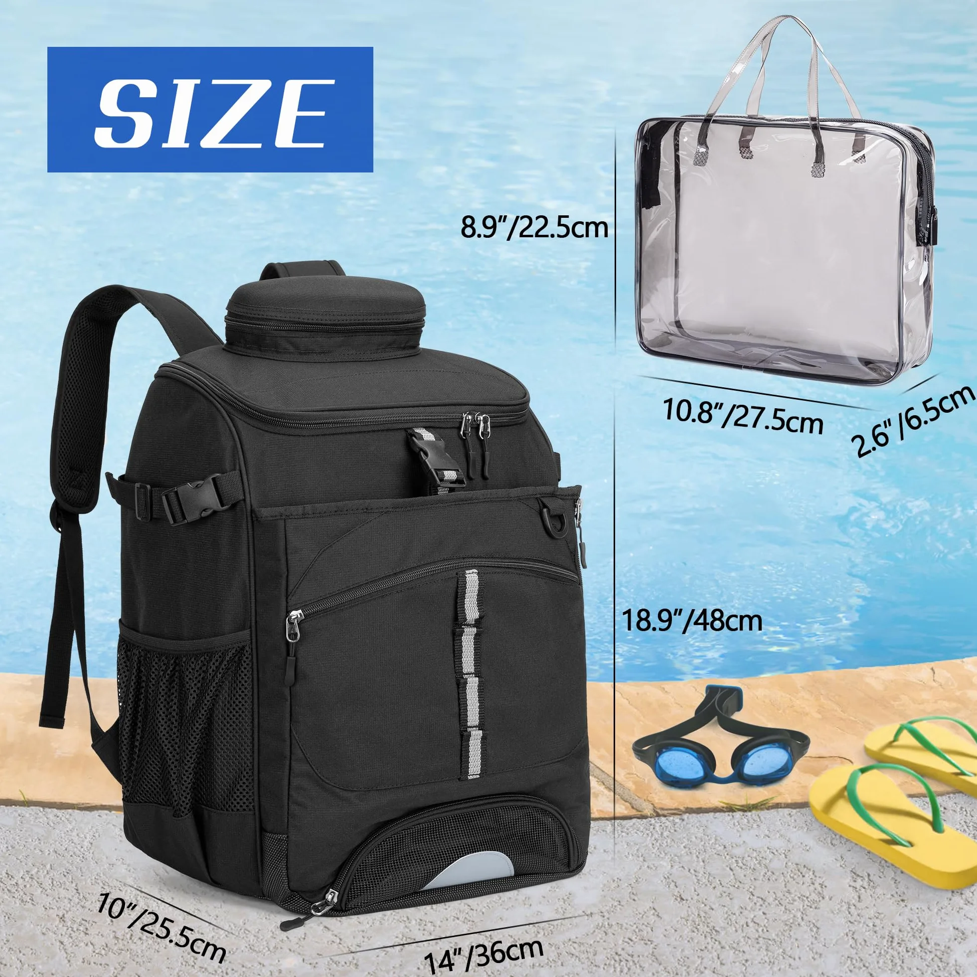 GOBUROS Schwimmrucksack für Männer und Frauen, Schwimmtasche mit zusätzlicher transparenter PVC-Tasche und separatem Schuhraum für Schwimmen, Strand, Fitnessstudio und Trainingsausrüstung