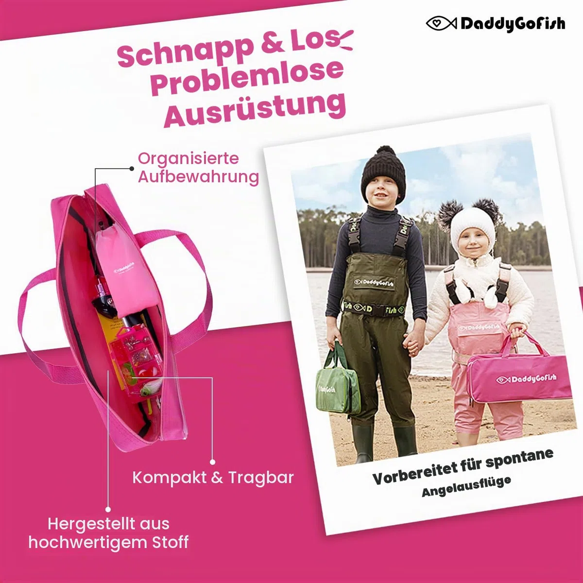 DaddyGoFish Kinder Angelset - Teleskoprute & Rolle Combo mit Klappstuhl, Rutenhalter, Tackle Box, Ködernetz und Tragetasche für Jungen und Mädchen