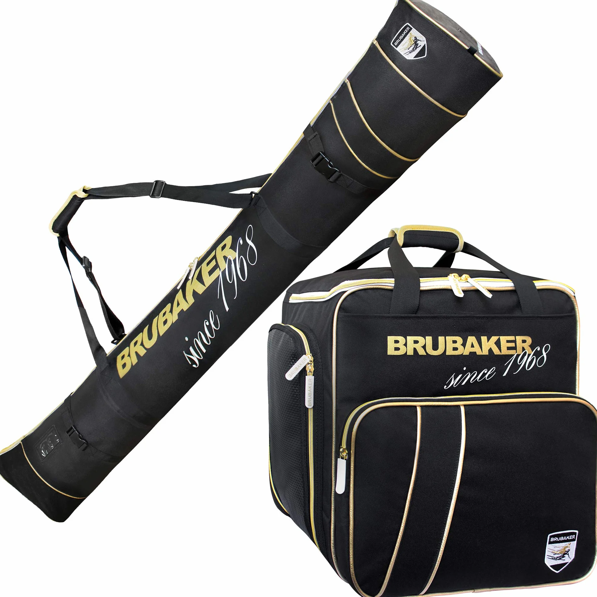 BRUBAKER Kombi Set Grenoble - Skisack und Skischuhtasche für 1 Paar Ski + Stöcke + Schuhe + Helm - Schwarz Gold