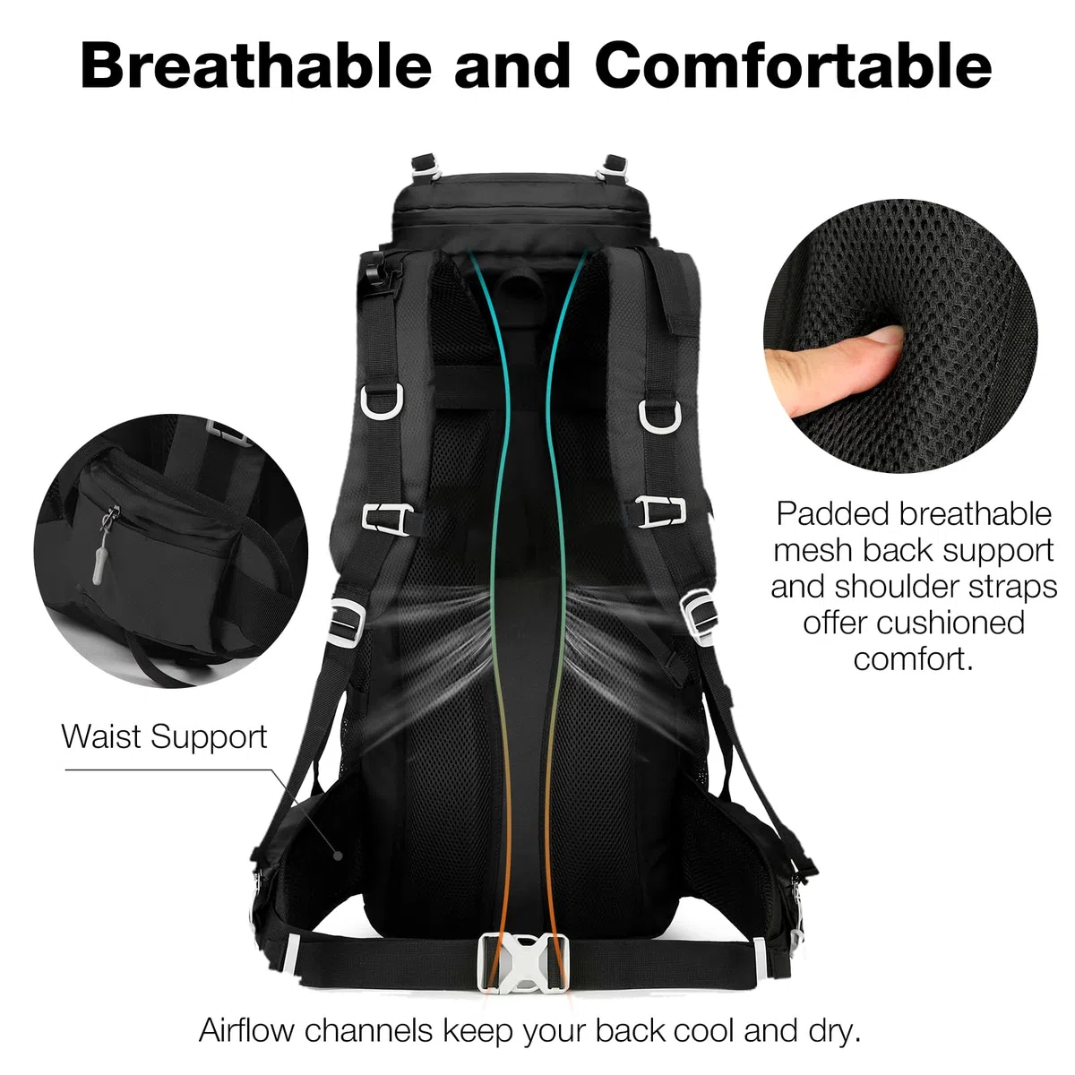 60L Wanderrucksack Herren Damen, Wasserdicht Bequem Trekkingrucksack mit Hüftgurt, Groß Backpacking Rucksack für Outdoor Camping Reise, Schwarz