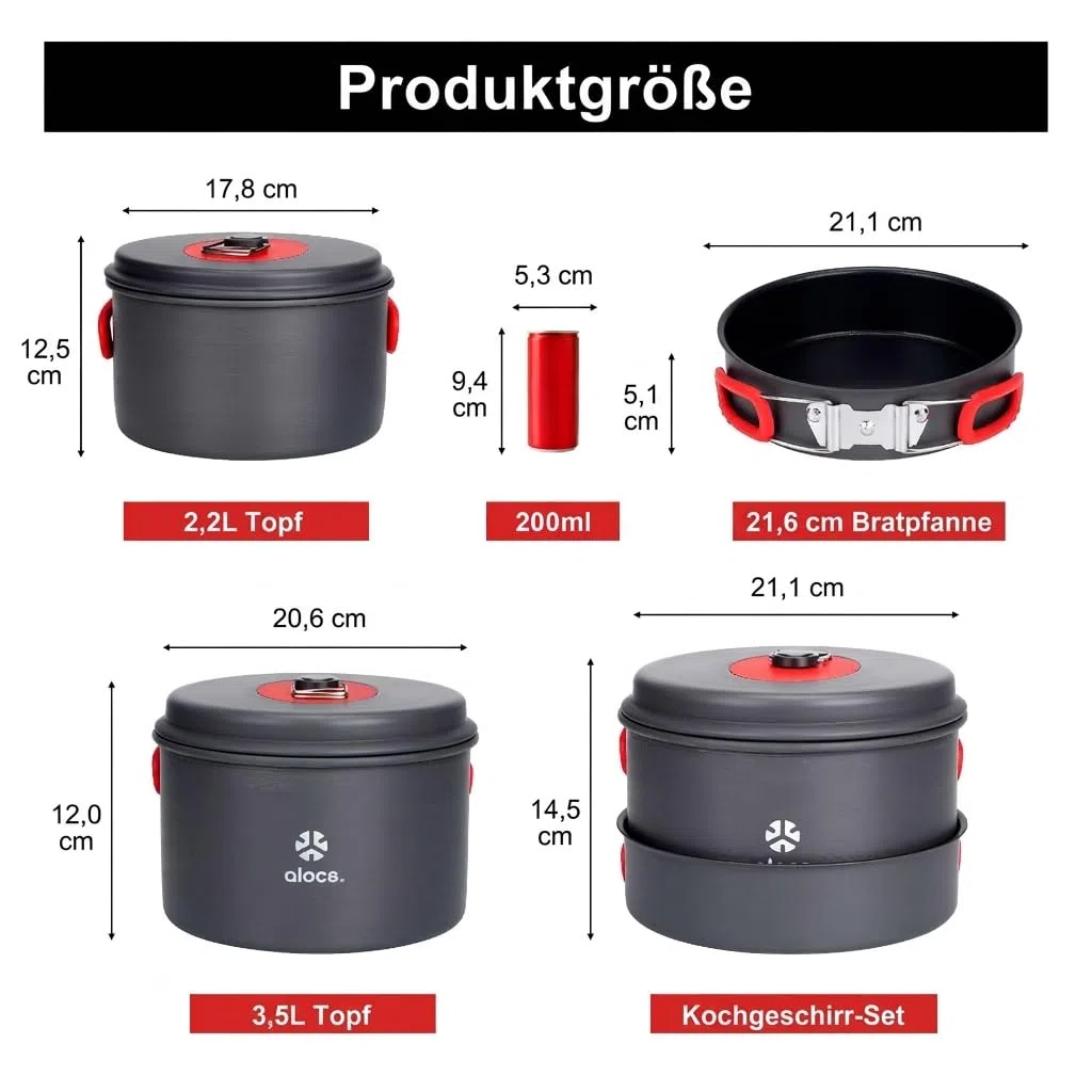 ALocs Camping-Kochgeschirr-Set, leichte Aluminiumtöpfe und -pfannen mit antihaftbeschichteter Bratpfanne, kompaktes, stapelbares Camping-Kochset zum Wandern, Trekking und Kochen im Freien