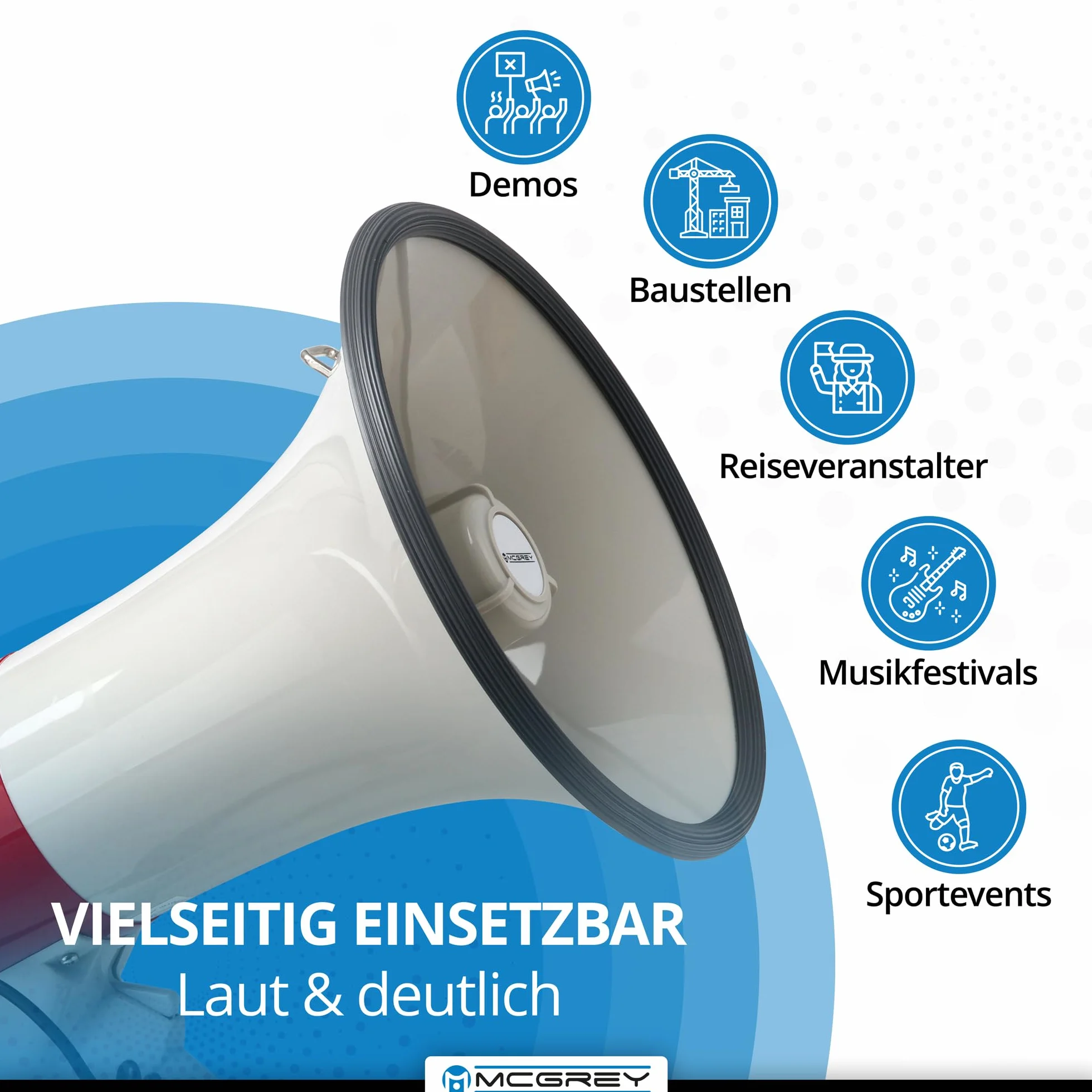 McGrey MP-500HS Megaphon (Sprachrohr, 25 Watt RMS/80 Watt MAX, bis zu 1000m Reichweite, Handmikrofon, Sirene, batteriebetrieben) weiß/rot