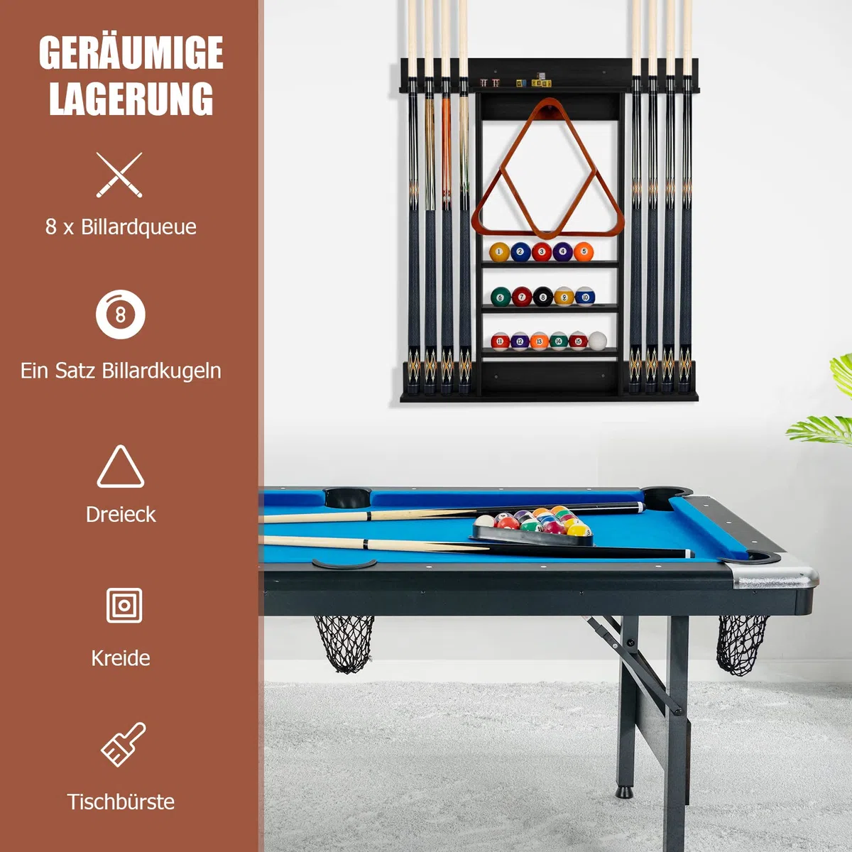 GYMAX Billard Queue Halter für 8 Queues & Billardzubehör, Wandmontierter Queueständer, Billard Queue Halterung aus Kiefernholz, für Billardzimmer & Club, 79 x 8 x 91 cm (Schwarz)