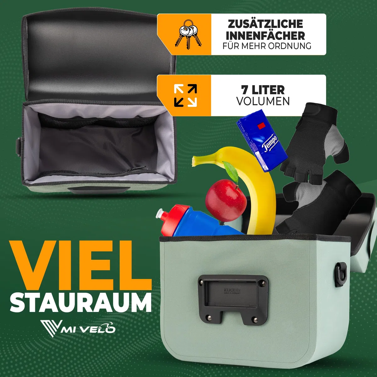 MIVELO Lenkertasche Fahrrad passend für KLICKfix - 100% wasserdicht - Fahrradtasche Lenker - abnehmbares Handyfach - Tasche Lenker - E-Bike tauglich (Mint, ohne Adapter)