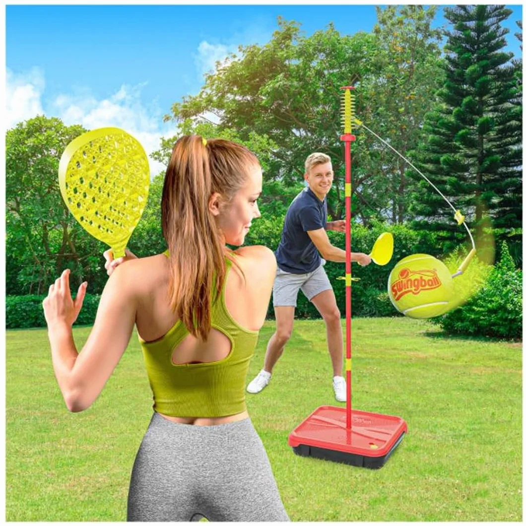 Swingball Klassische Alle Oberflächen, rot und gelb, Outdoor-Aktivitäten, Oberflächen, echter Tennisball und 2 Meisterschaftsschläger, geeignet für alle ab 6 Jahren
