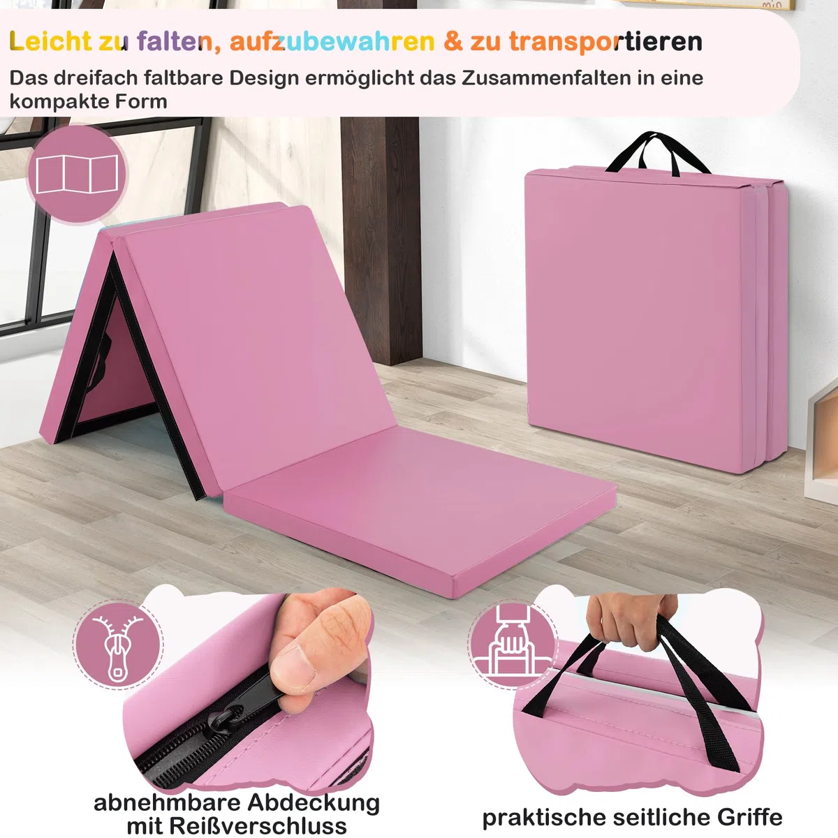 GOPLUS Weichbodenmatte, 180 x 60 x 5 cm Turnmatte rutschfest mit Klettverschlüssen & Tragegriffen, Gymnastikmatte klappbar aus Kunstleder, Turnmatte zum Trainieren von Gymnastik & Yoga