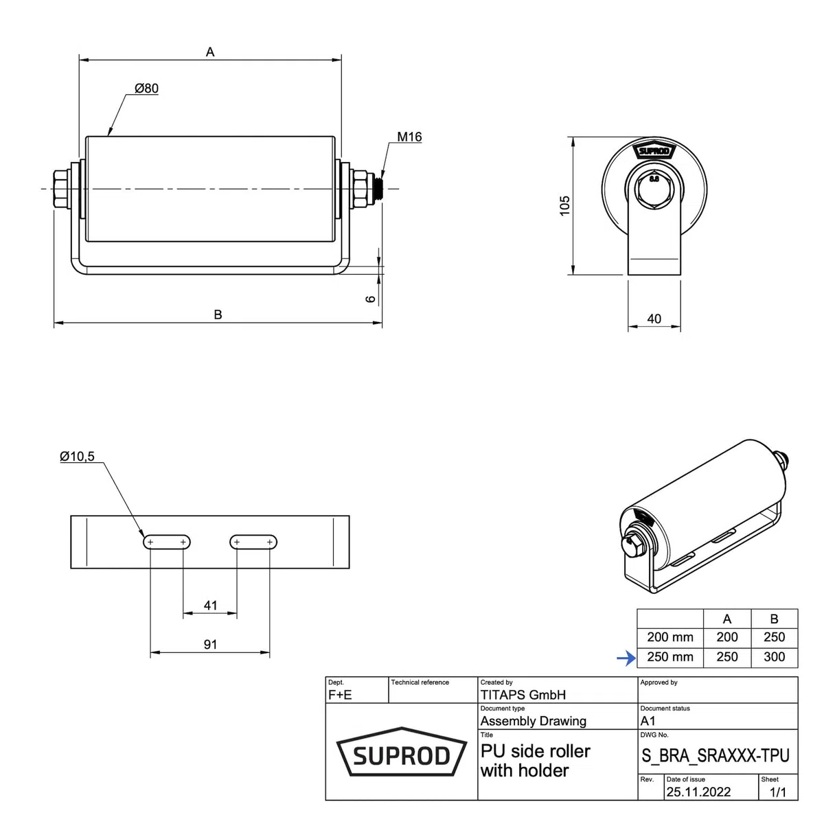 SUPROD Polyurethan Seitenrolle mit Halter Sliprolle Bootstrailer Sliphilfe verzinkt
