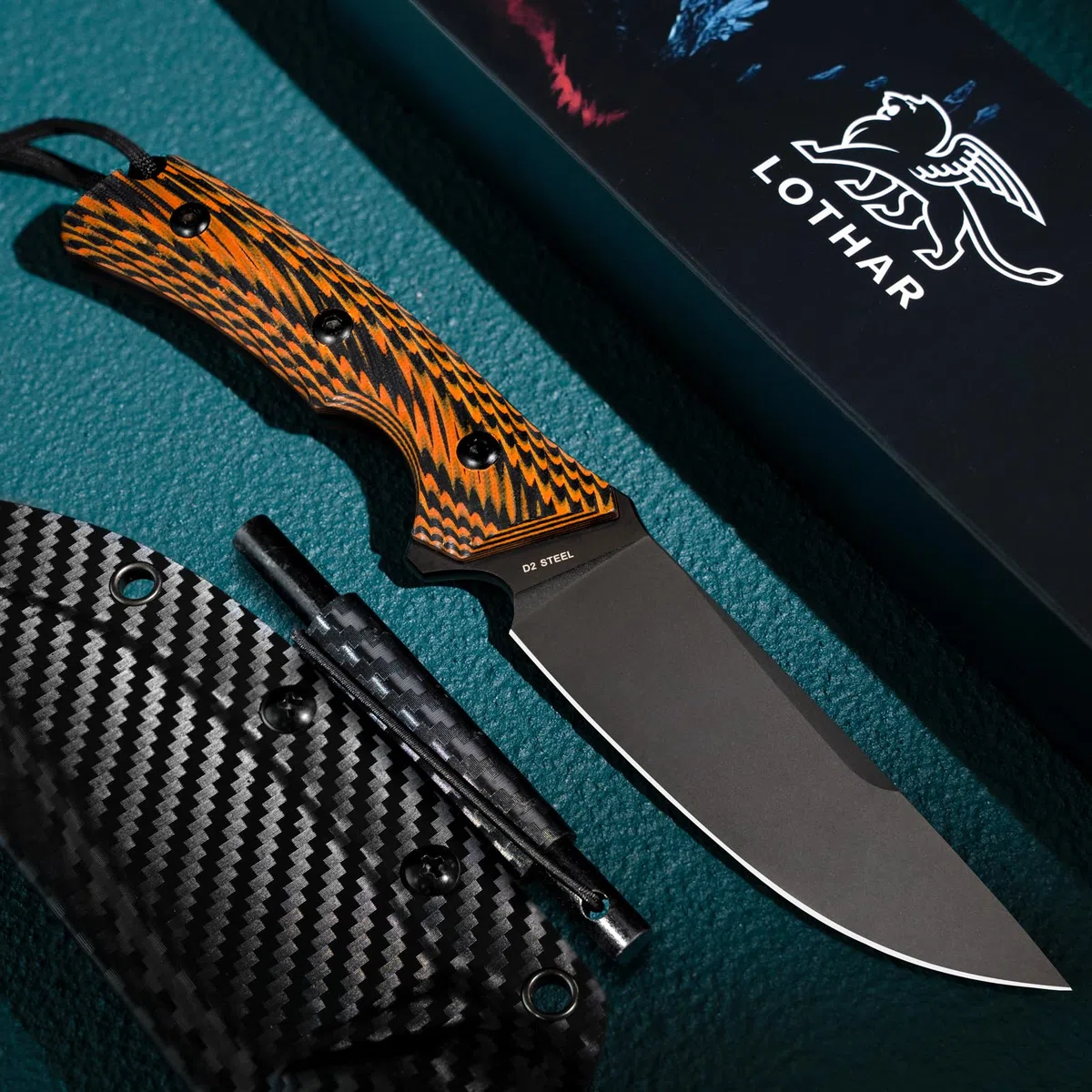 LOTHAR FOX Jagdmesser aus D2 Stahl, Outdoor Messer mit G10 Griff, Full Tang, Zweifarbiges Outdoor Messer Survival, Fahrtenmesser, für Outdoor Liebhaber und Abenteuer