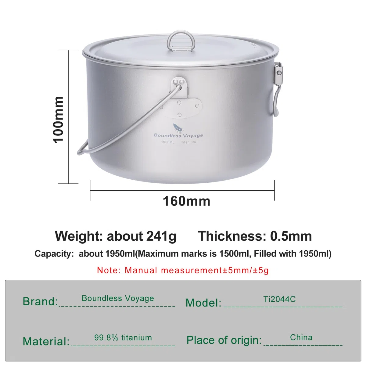 Boundless Voyage Titan Topf 1,3L / 1,95L / 2,9L Camping Topf mit Deckel Outdoor Leichte Suppentopf Lagerfeuer Hängetopf Kochgeschirr Wandern Schüssel Geschirr Tragbares Küchenutensilien