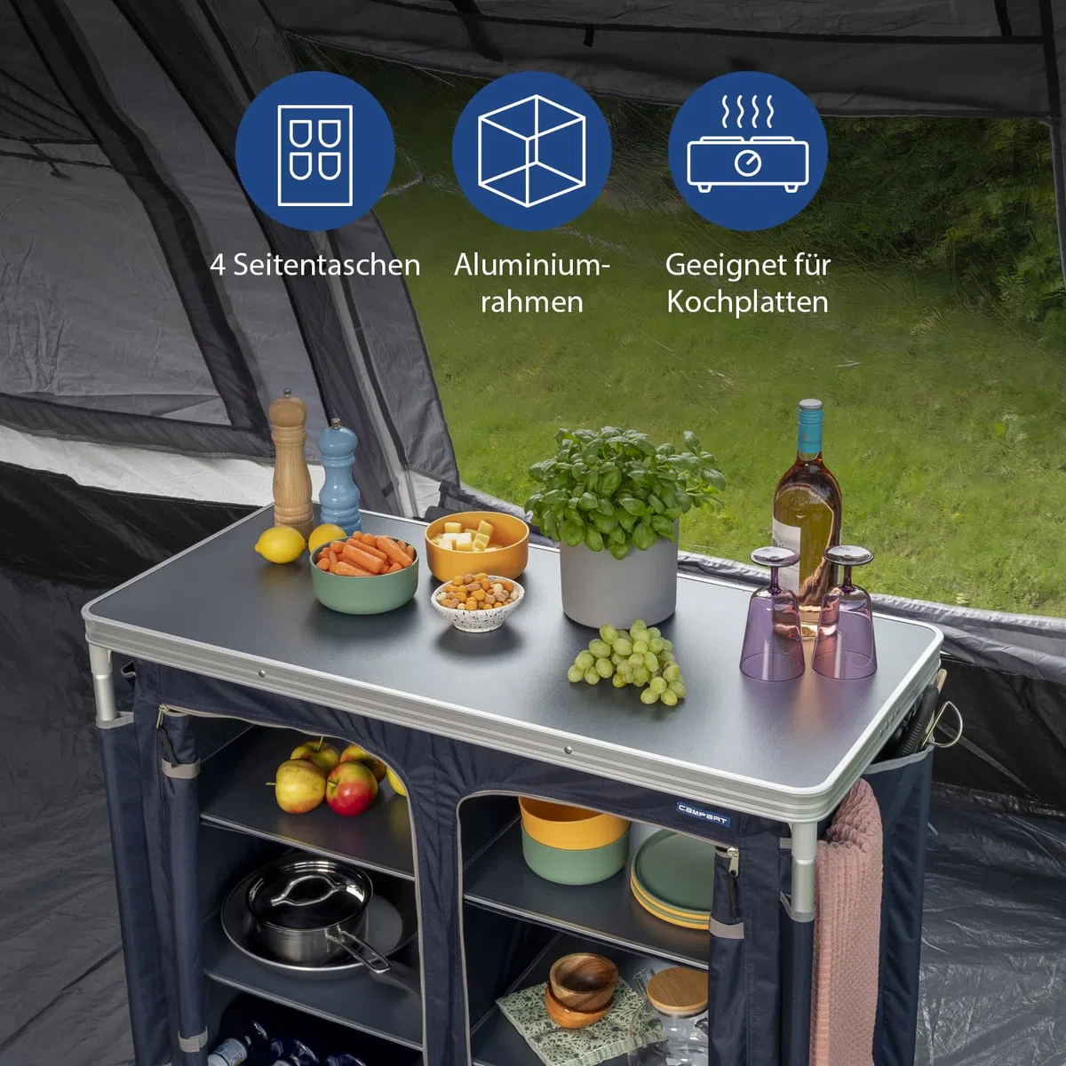 Campart Camping Küche Bilbao – 2 Fächer mit je 3 Ablagen – 4 Seitentaschen – 4 verstellbare Füße – Inklusive Tragetasche – Blau – KI-0411, Anthrazit
