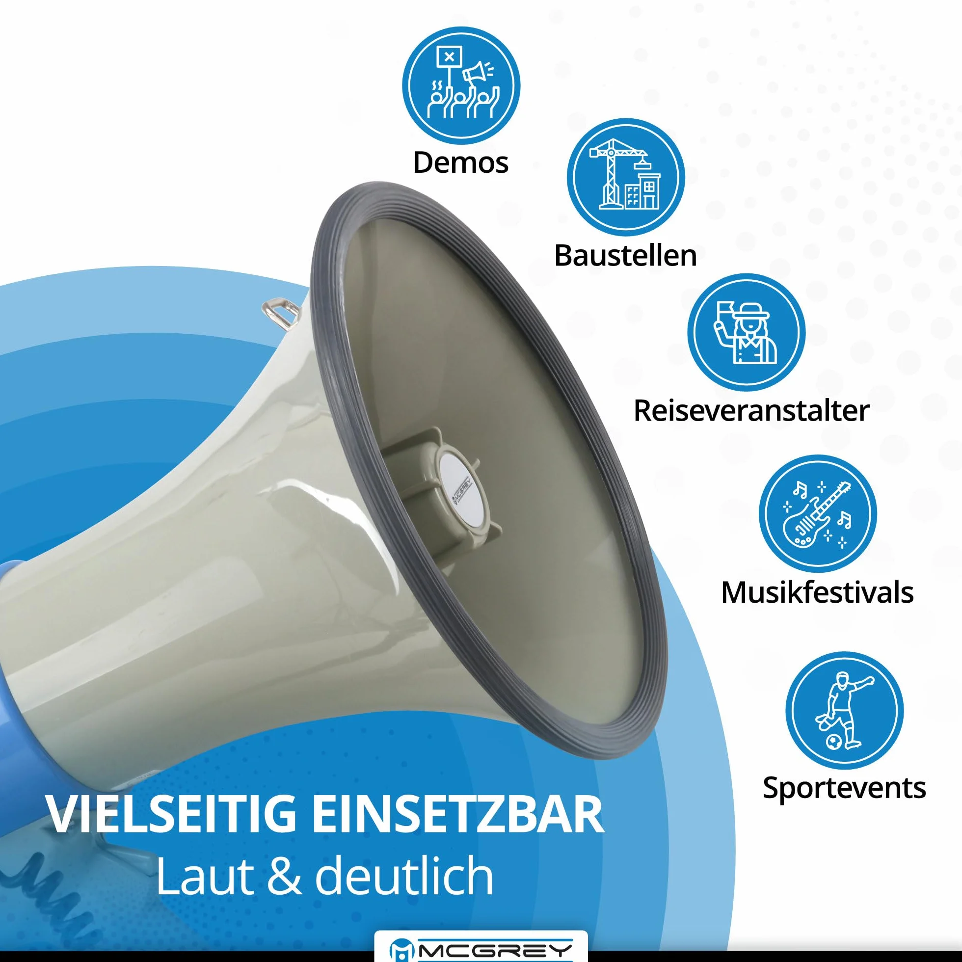 McGrey MP-800HRS Megaphon (Sprachrohr, 25 Watt RMS/80 Watt MAX), bis zu 1000m Reichweite, Handmikrofon, Sirene, Whistle, Aufnahmefunktion, USB/SD/AUX-MP3-Player batteriebetrieben grau/blau