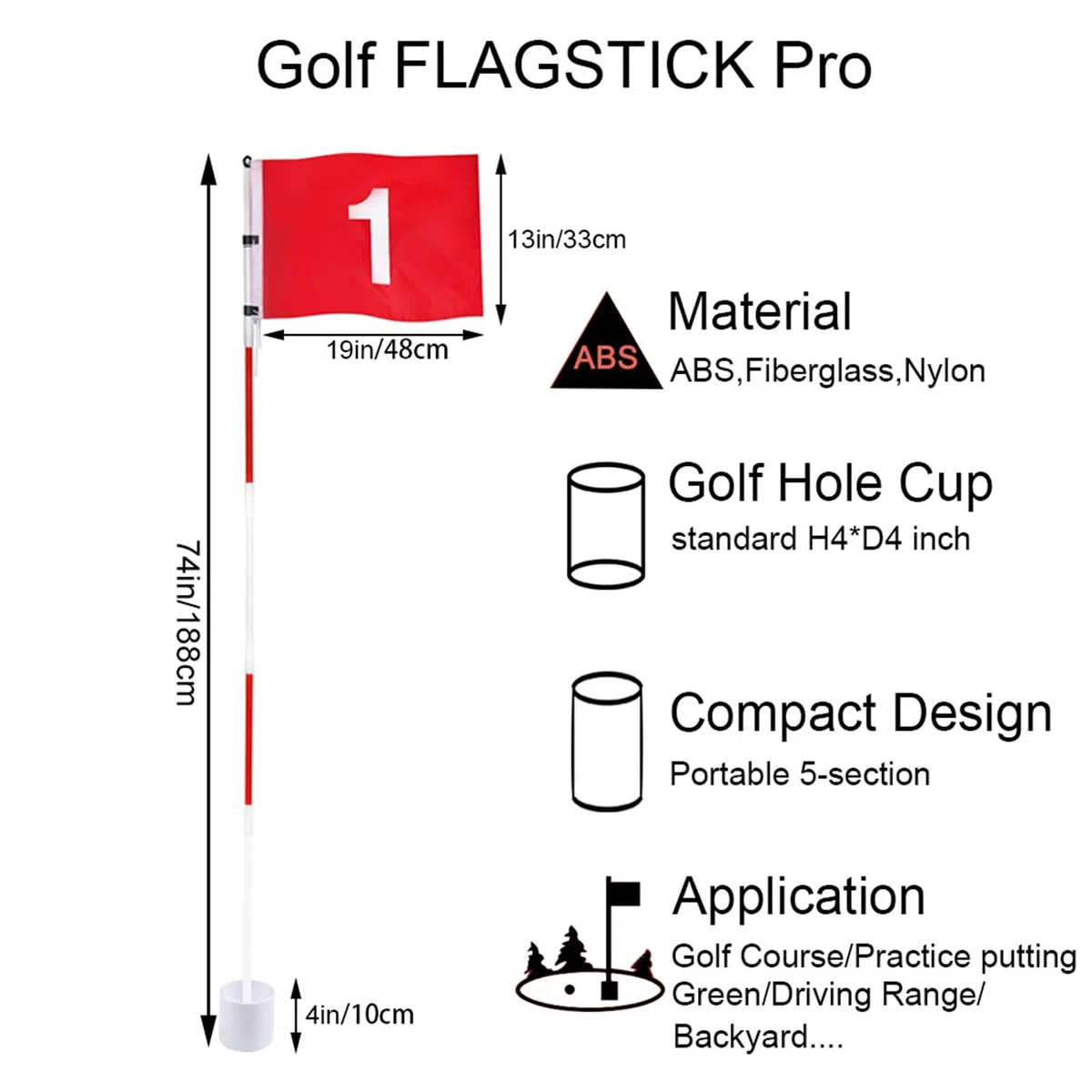 Golf Loch Fahne mit Fahnenstange | Aus 5-teiliger wetterfester Glasfaser | Übungsfahnen für das Putting Green | Für Hobbygolfer, Anfänger und Profis im Garten, Verein oder auf dem Platz