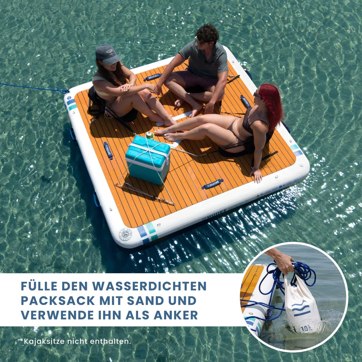 HUIIKE rutschfeste Badeplattform Aufblasbar 2,15-3,05 m für 4-6 Personen mit Zubehör Inklusive, Pumpen, Sandanker, Rucksack. Schwimmplattform bis zu 280-500 kg, Badeinsel für Kinder und Erwachsene