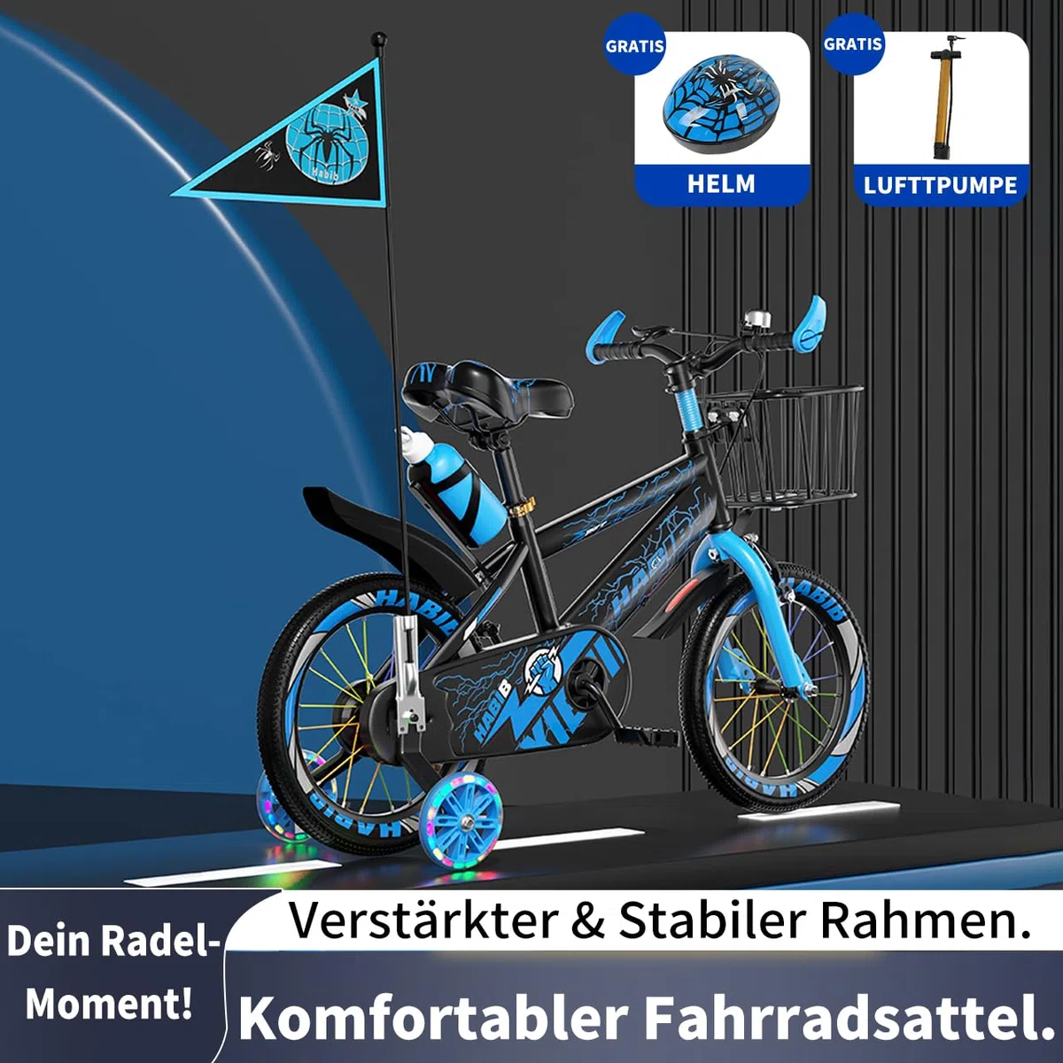 Habib Kinderfahrrad Jungenfahrrad 12 14 16 Zoll ab 3 Jahre – mit LED Stützrädern, Korb, Klingel & GRATIS Helm & Pumpe, Vorderradbremse