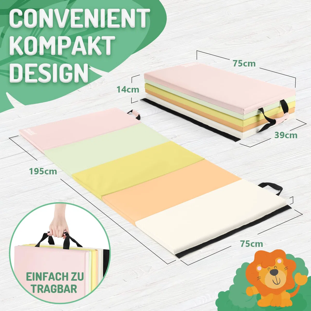 PhysKcal 195 x 75 x 3 cm Klappbare Weichbodenmatte Turnmatte Fitnessmatte Gymnastikmatte mit Tragegriffen, Sportmatte Spielmatte, Tumbling-Matte für Kinder, Polsterung für Activity Play