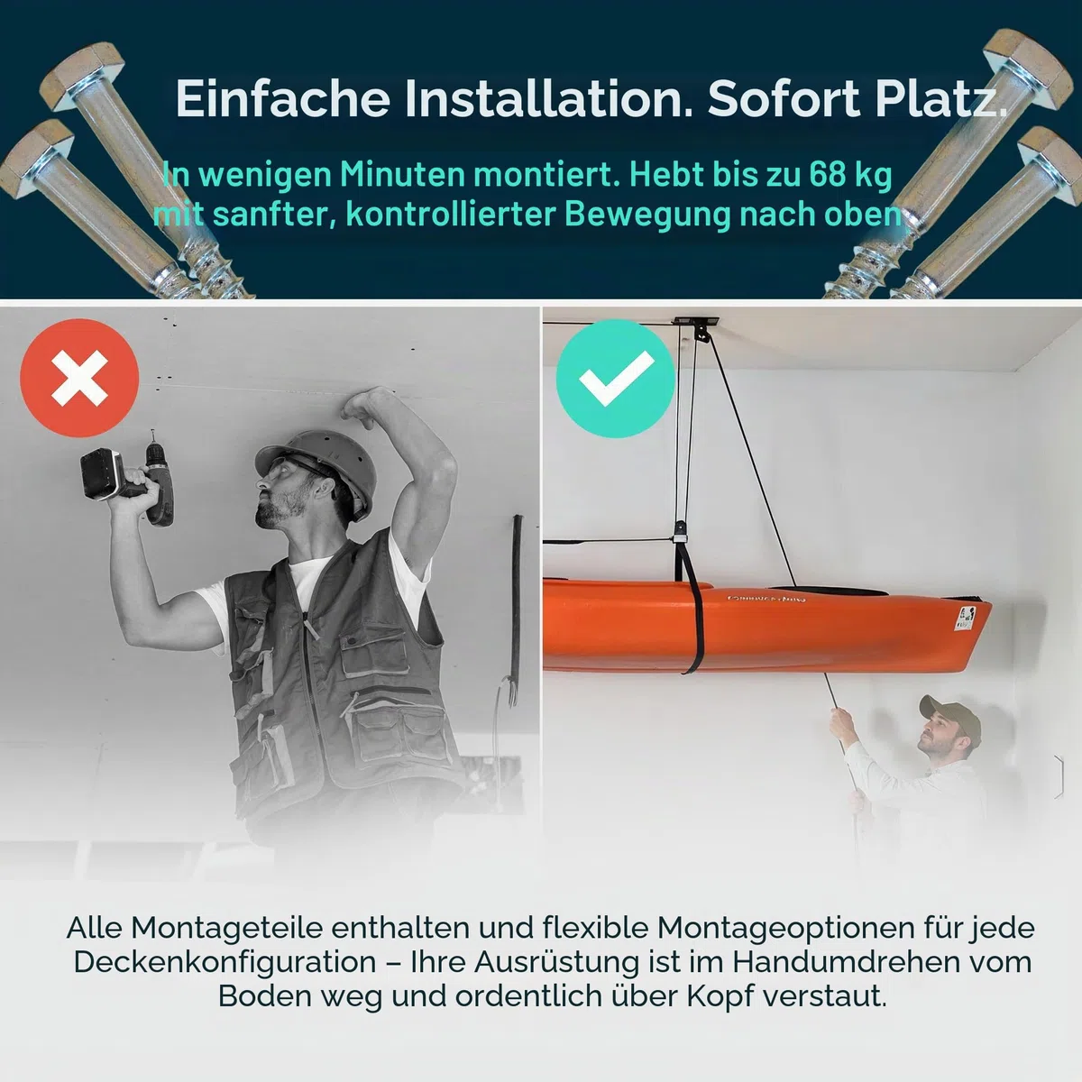 StoreYourBoard Kajak- und Kanu-Decken-Flaschenzugsystem, Garagenhalterung, Lagerheber, strapazierfähig, hält 68 kg, Indoor-Organizer