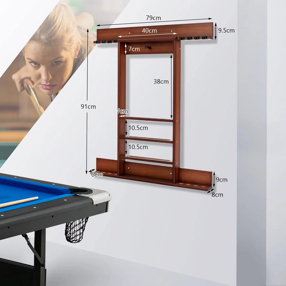 COSTWAY Billard Queue Halter Wandmontage, Wandqueuehalter für 8 Queues, 15 Billardkugeln und 1 Ballständer, aus Kiefernholz (Braun)