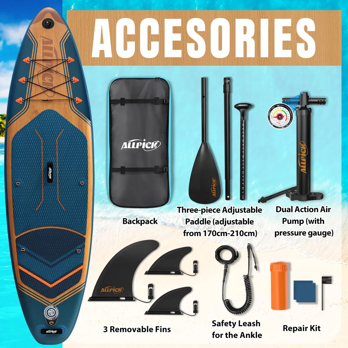 ALLPICK Stand Up Paddling Board Aufblasbar, SUP Board Set, 200kg | Universal Kamerahalterung, Komplettes Zubehör, Verstellbares Paddel, Anfänger, Fortgeschrittene