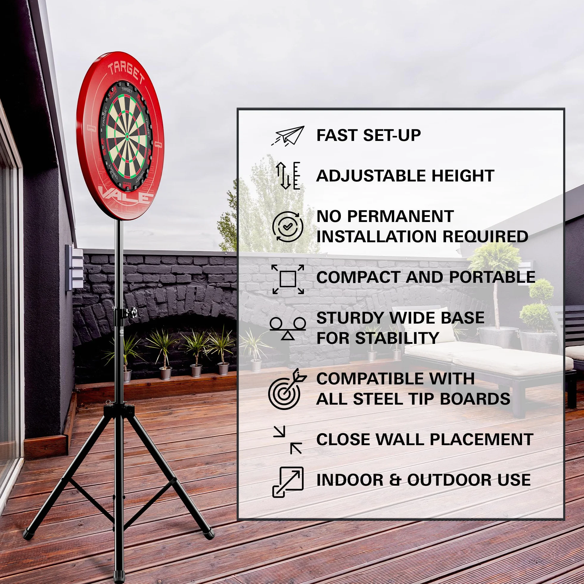 TARGET DARTS Tragbarer Dartboardständer | Mobiler Dartscheibenständer mit Stativ, freistehendes mit Halterung, für drinnen und draußen, faltbarer Reiseständer für Steeldarts und Softdarts Dartscheiben