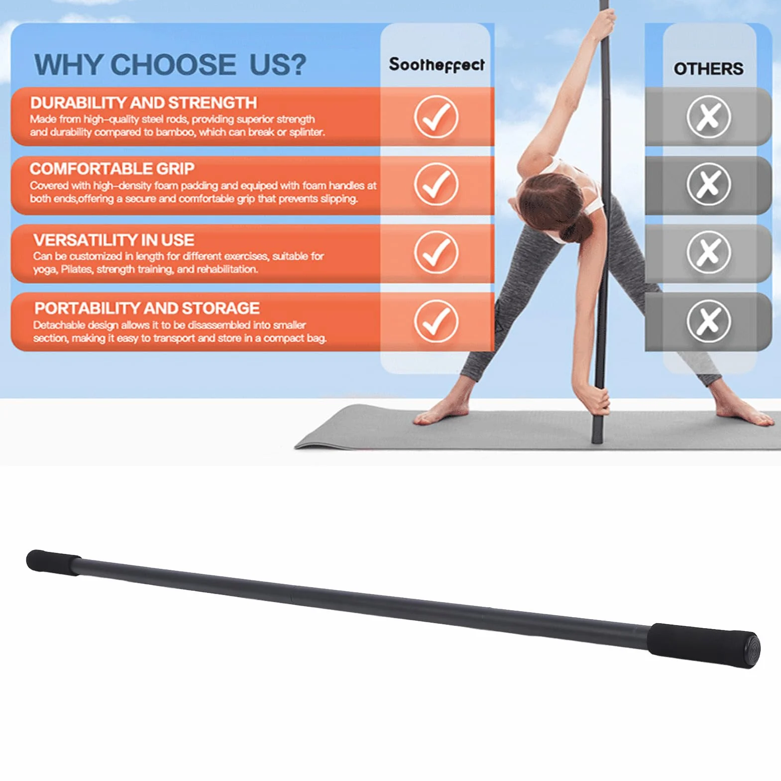 60 -Zoll -Yoga -Stick, Verstellbare Stretchbange mit Schaumgrenze, Abnehmbarem Vielseitigem Werkzeug für Yoga in Heim und Fitnessstudio, Flexibilität und Gleichgewicht Fördern