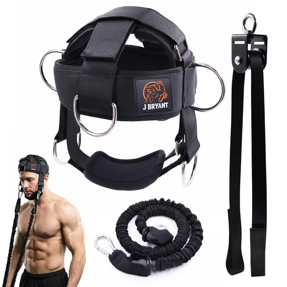 J Bryant Nackentrainer-Set mit Widerstandsband & Kinnpolster – Verstellbares Kopfgeschirr für 360° Krafttraining, D-Ringe für Seilzug & Bänder – Optional mit Stahlkette oder Seilzug-System