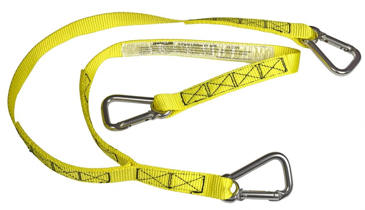 Navyline 3-Punkt Lifeline - Sicherungsleine mit 3 Karabinern - Gelb, D-Form, Twist Lock, Bootsausstattung, Klettern