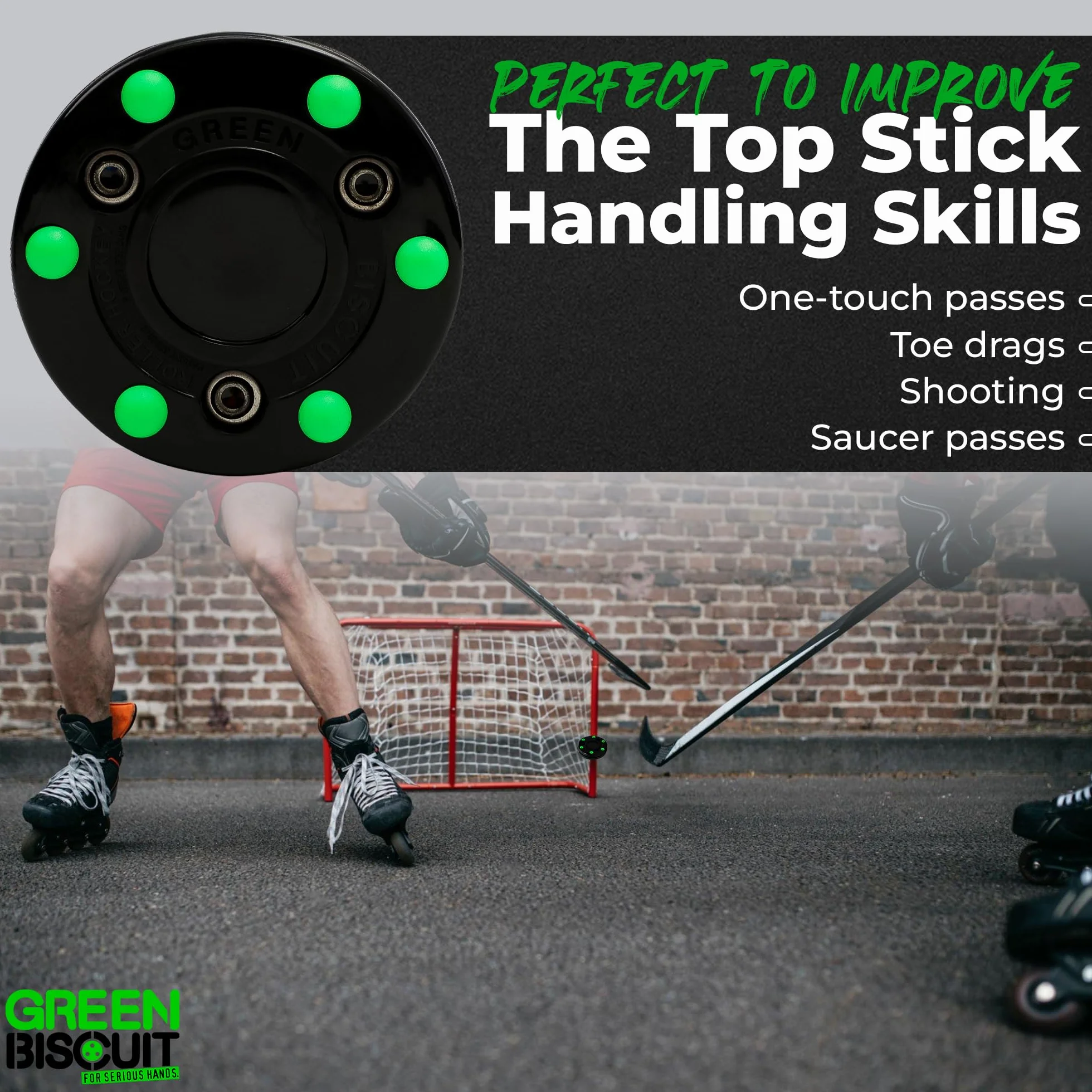 Green Biscuit Rollhockey-Puck, 2 Stück, NHL offizielle Off-Eishockey-Pucks für Schlägerhandhabung, Passing und Schießübungen – Outdoor-Straßenhockey-Puck, Durchmesser 7,6 cm, Dicke 2,5 cm