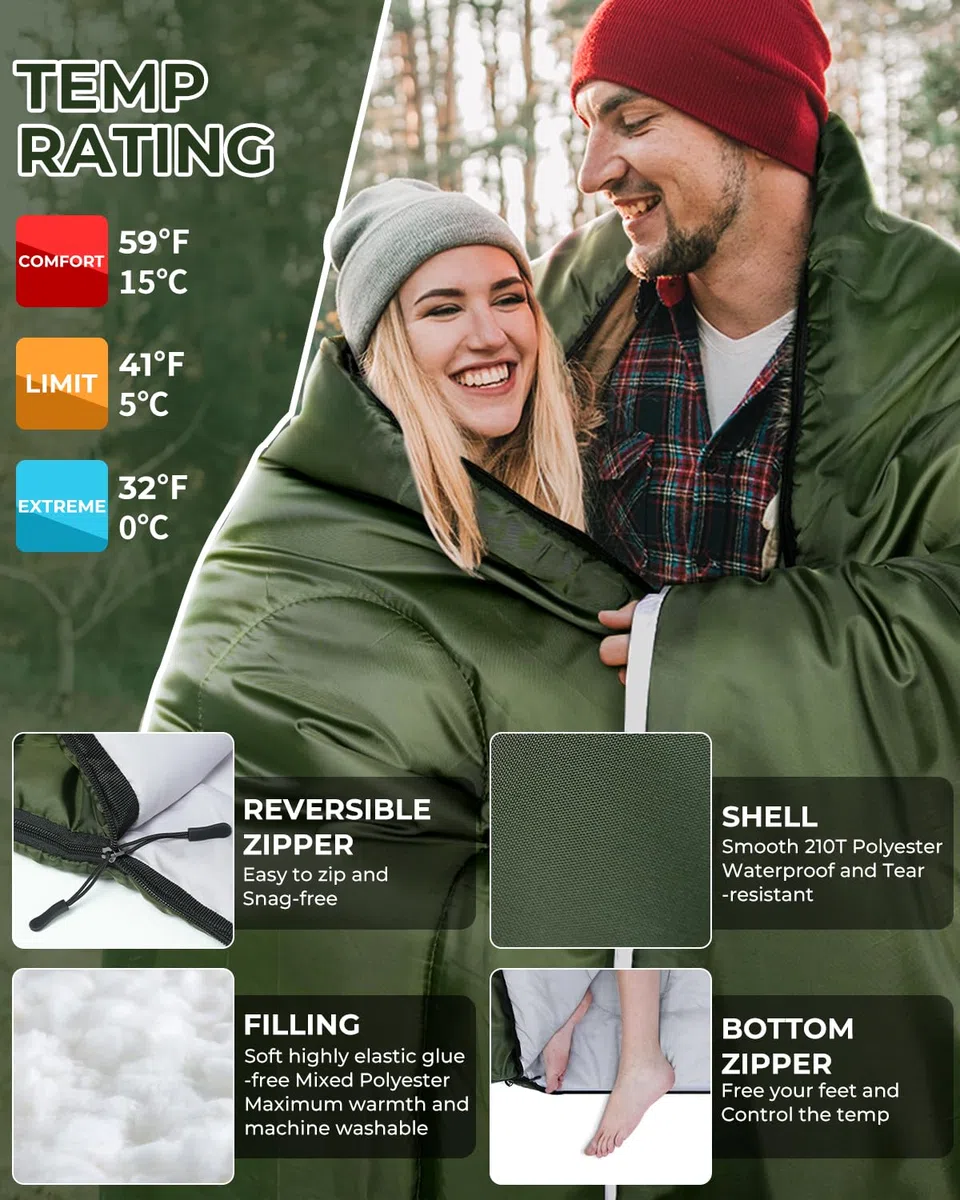 Ohuhu Doppelschlafsack, Schlafsack 2 Personen 220x150cm Schlafsack Outdoor mit 2 Kissen Deckenschlafsack für Camping, Wandern, Familie & Festival