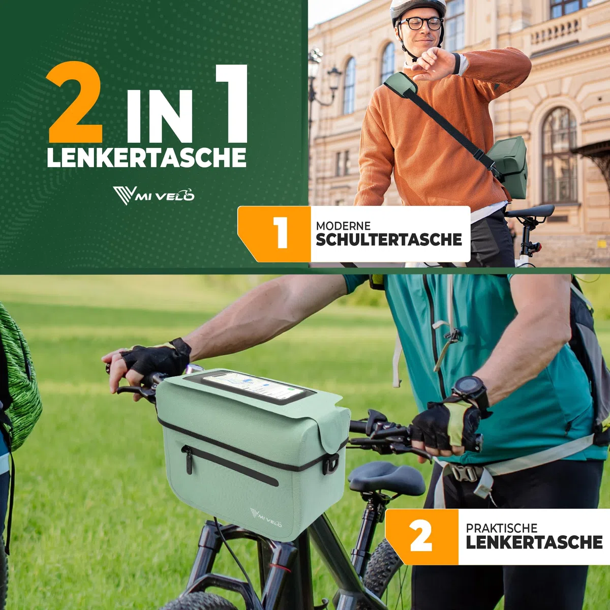 MIVELO Lenkertasche Fahrrad passend für KLICKfix - 100% wasserdicht - Fahrradtasche Lenker - abnehmbares Handyfach - Tasche Lenker - E-Bike tauglich (Mint, ohne Adapter)