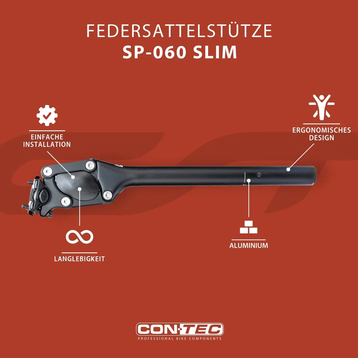 CONTEC Fahrrad-Federsattelstütze SP-060 Slim, Parallelogramm, Aluminium, Komfort für MTB & Citybike, Federung für Rücken-Entlastung, Schwarz