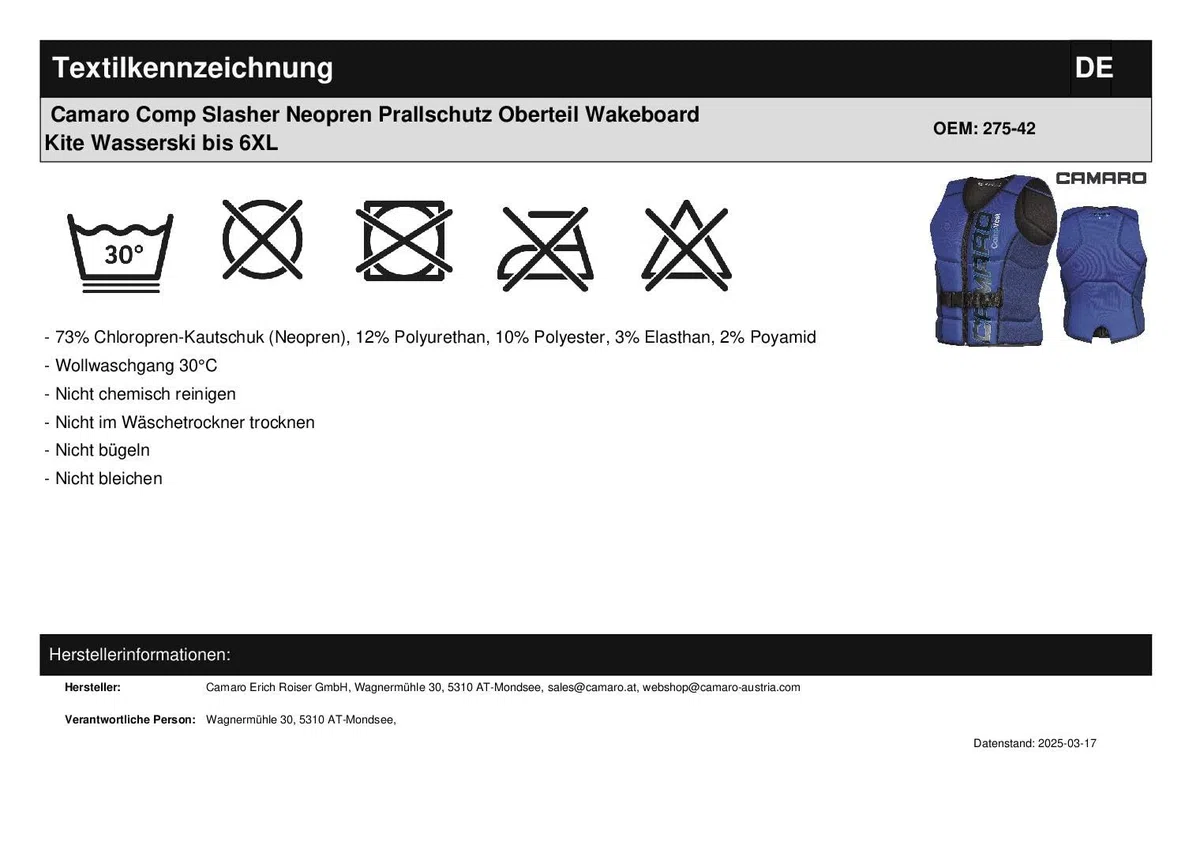 Camaro Comp Slasher Neopren Prallschutz Oberteil Wakeboard Kite Wasserski Black/Blue