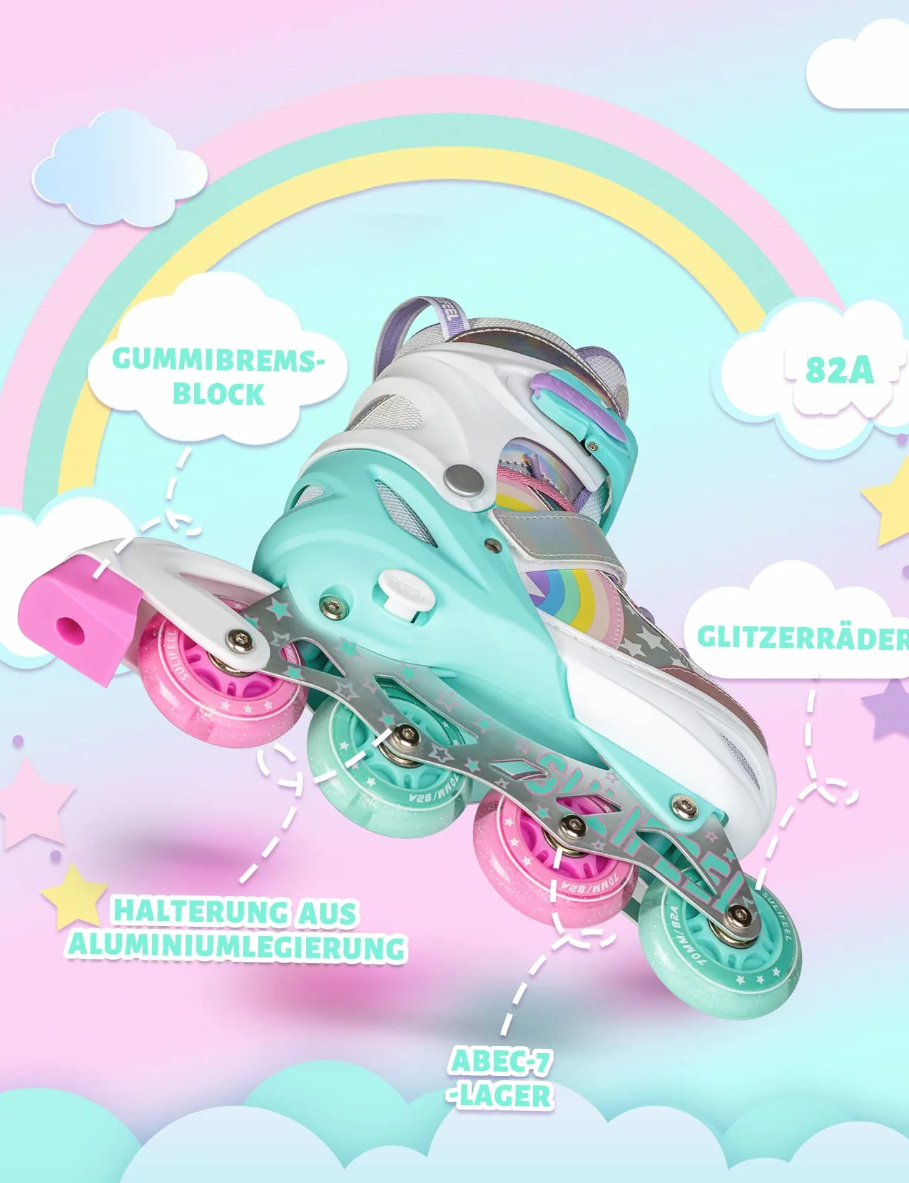 SULIFEEL Rainbow Unicorn Verstellbare Schwarz Rollschuhe für Kinder mit Leuchtenden Rädern für Jungen