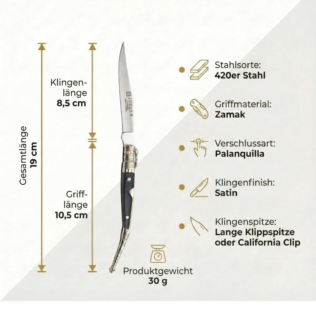 Joker Taschenmesser verziert N107A mit ABS-Griff - Zamak, Klinge 8,5 cm Edelstahl 420, Angelgerät, Jagd, Camping und Wandern