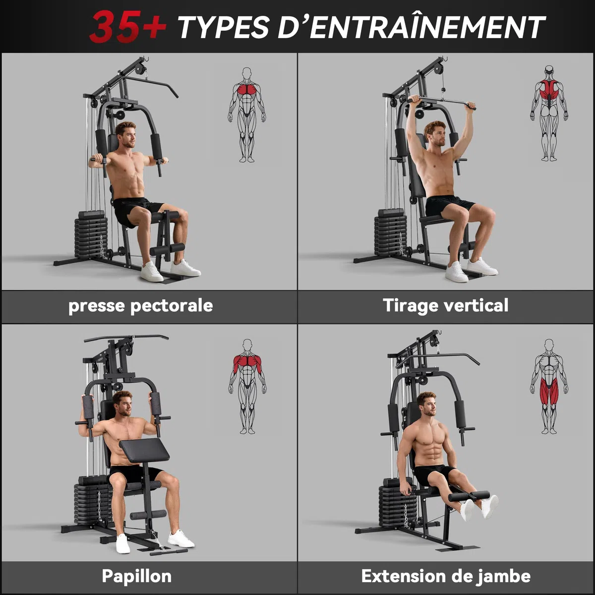 HOMCOM Kraftstation, Fitnessgerät mit 9 Gewichtsplatten à 5 kg, insgesamt 45 kg, Ganzkörpertraining – 200 x 135 x 103 cm | Fitness Krafttrainingsmaschine, 9 Gewichtsblöcke à 5 kg, insgesamt 45 kg