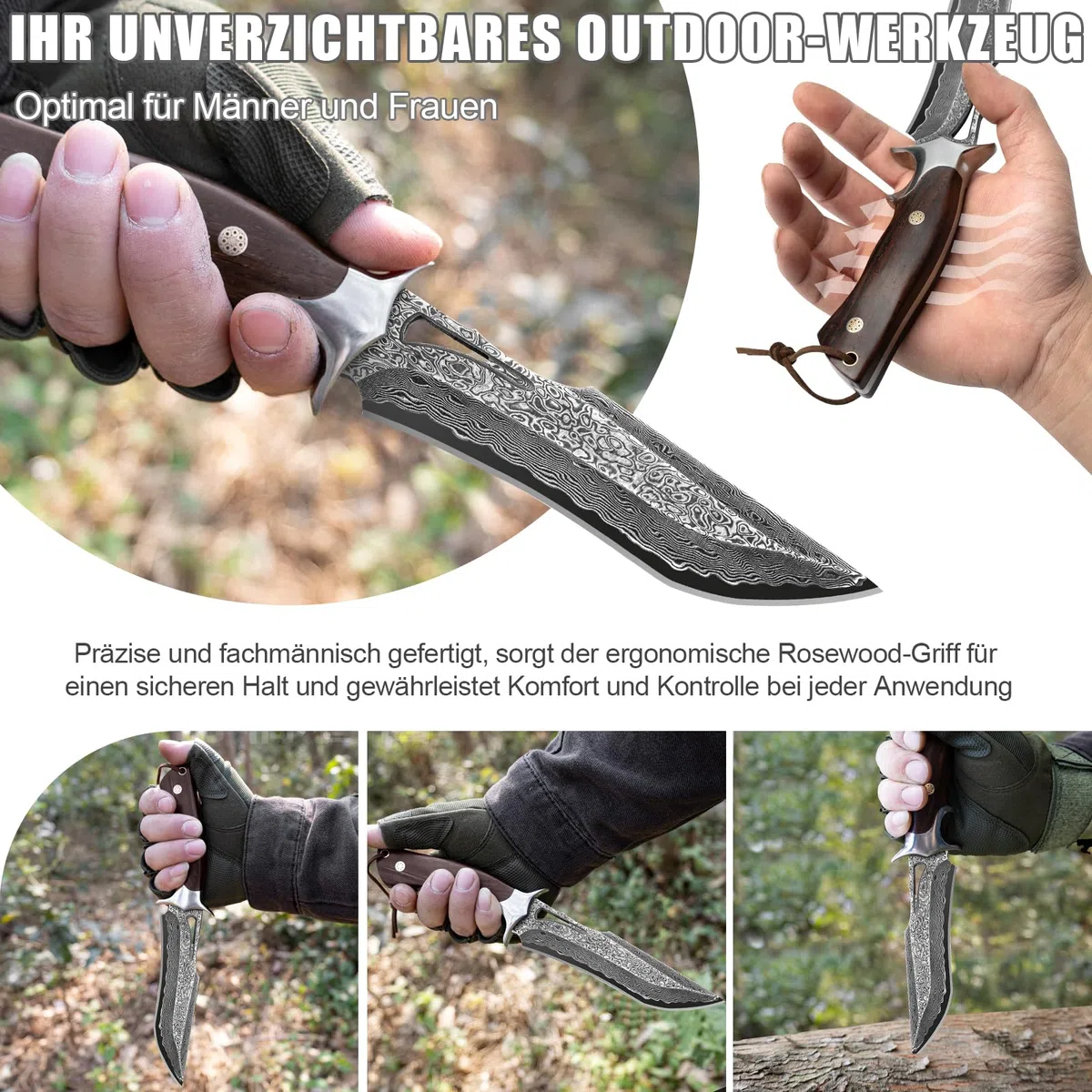 Damast Jagdmesser 26,4 cm, VG10 Feststehendes Bowie Survivalmesser | 67-lagiger Handgefertigter Damaszenerstahl mit Holzgriff und Echtlederscheide für Outdoor Bushcraft
