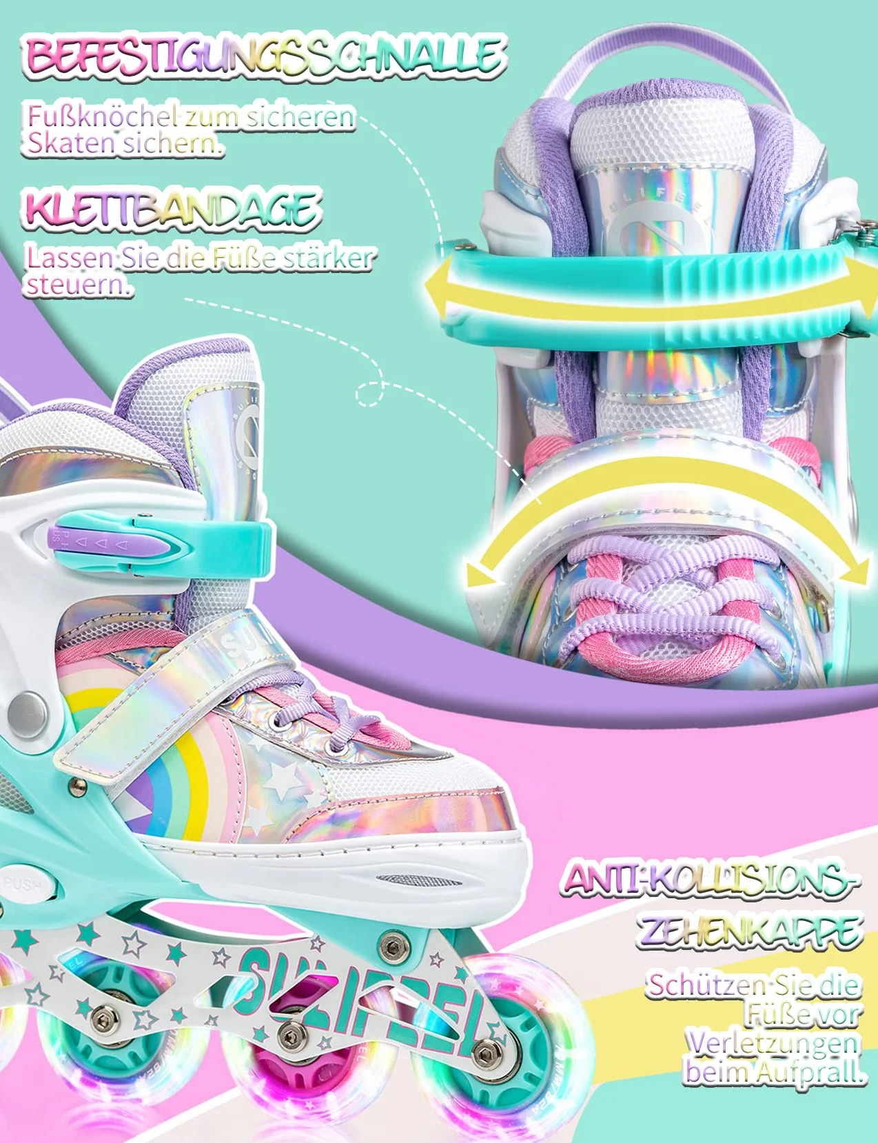 SULIFEEL Rainbow Unicorn Verstellbare Schwarz Rollschuhe für Kinder mit Leuchtenden Rädern für Jungen