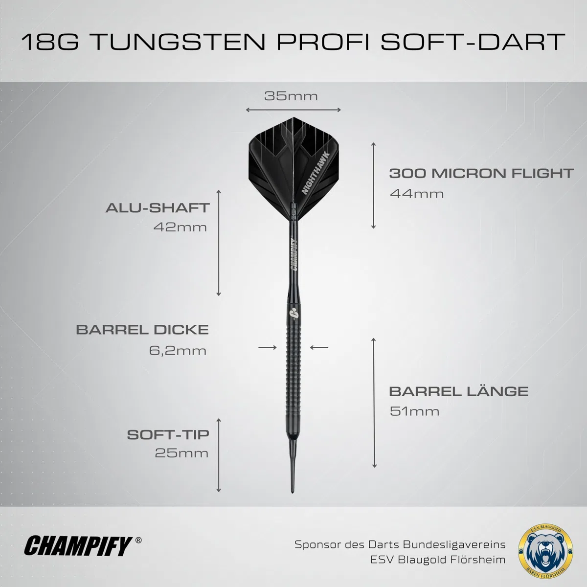 Champify® 18g Tungsten Soft-Darts Set “Nighthawk” mit Kunststoff-Spitze und schwarzer Darttasche | 3 Darts mit 9 Alu-Schäften & 9 Flights & 30 Softdart-Spitzen | Dartpfeile mit Plastik-Spitzen