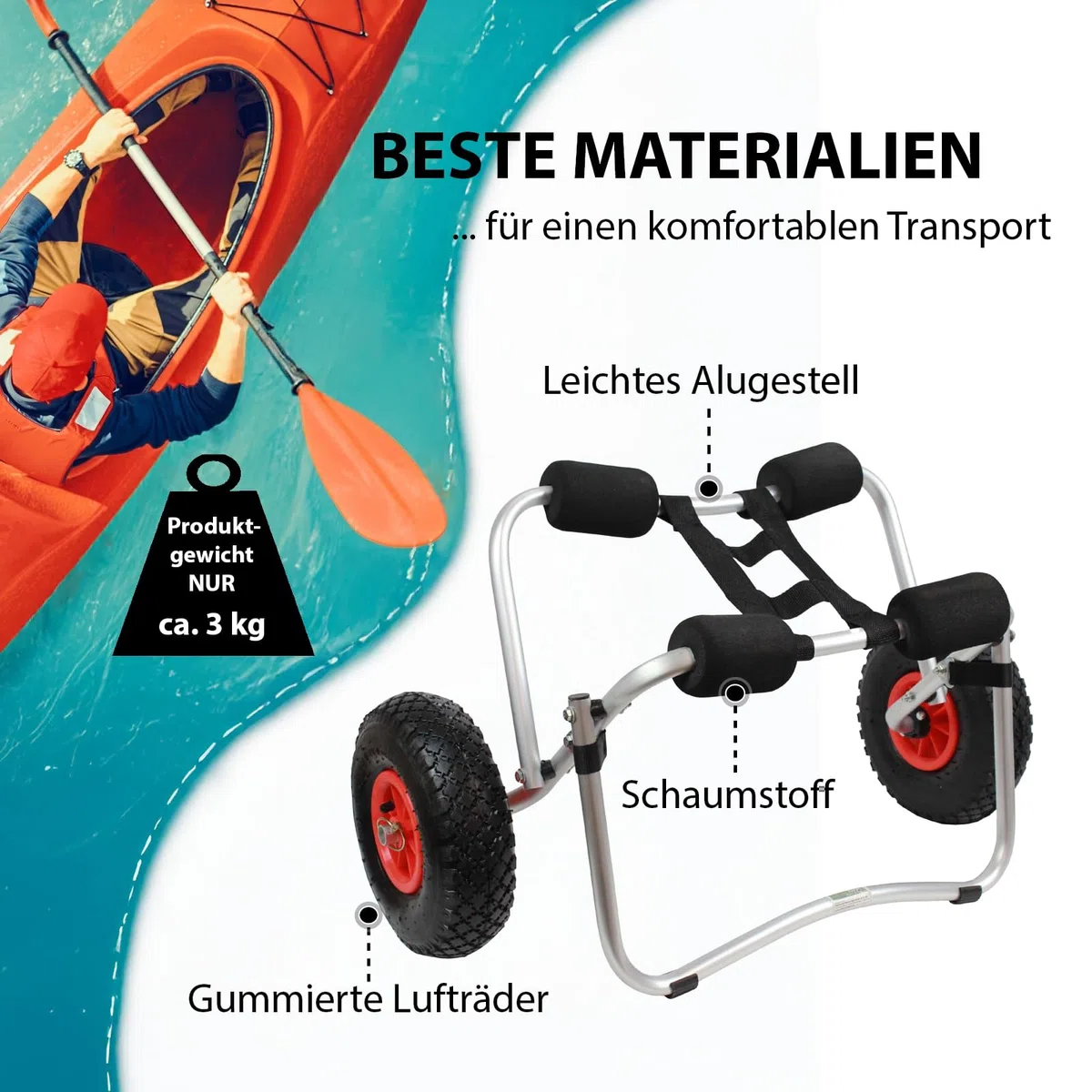 TRUTZHOLM Kajakwagen klappbar aus Aluminium mit Schaumstoff-Polsterung Lufträder Kanuwagen bis 80 kg Transportwagen für Wassersportgeräte Kajakwagen SUP Wagen Bootswagen Surfwagen inkl. Spannriemen