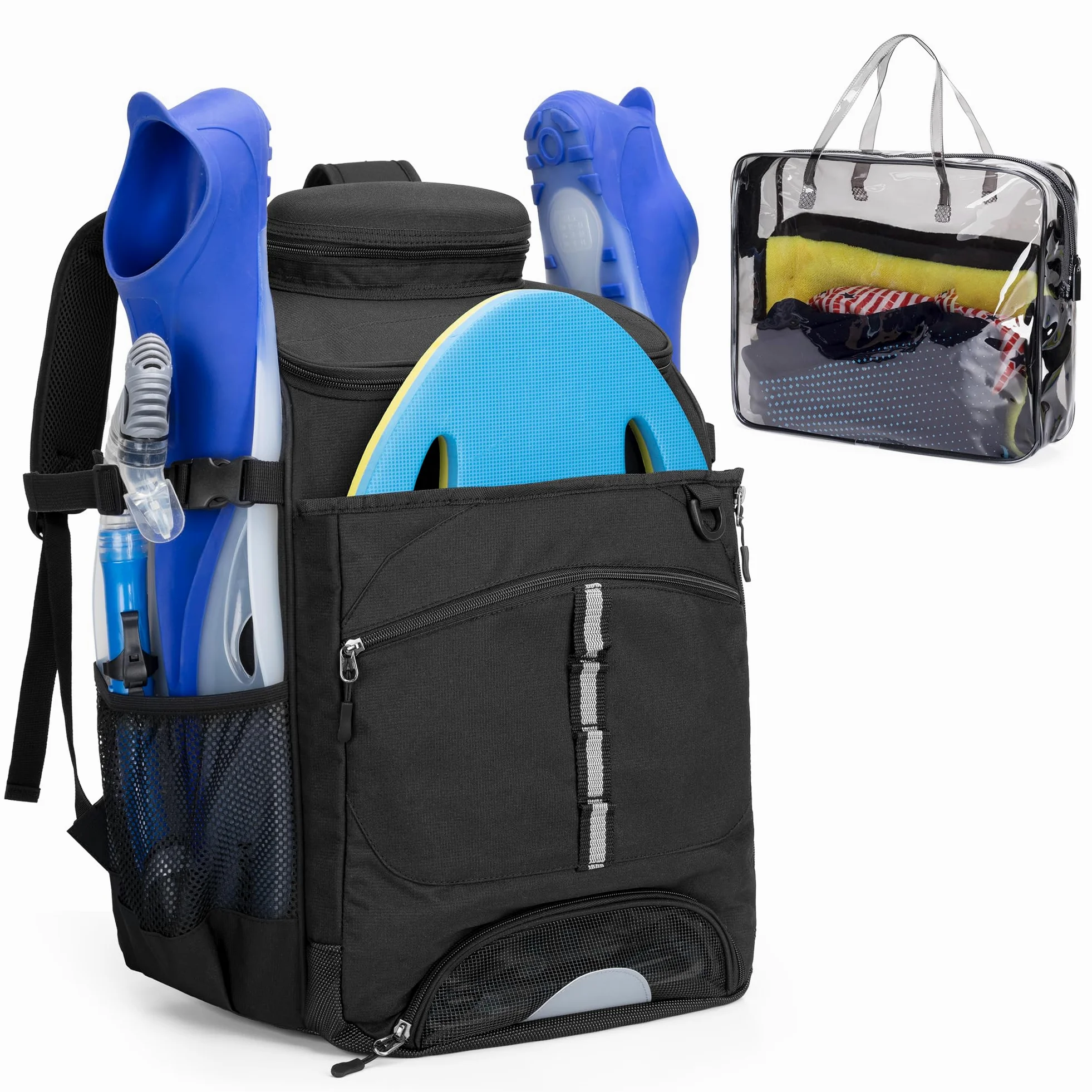 GOBUROS Schwimmrucksack für Männer und Frauen, Schwimmtasche mit zusätzlicher transparenter PVC-Tasche und separatem Schuhraum für Schwimmen, Strand, Fitnessstudio und Trainingsausrüstung