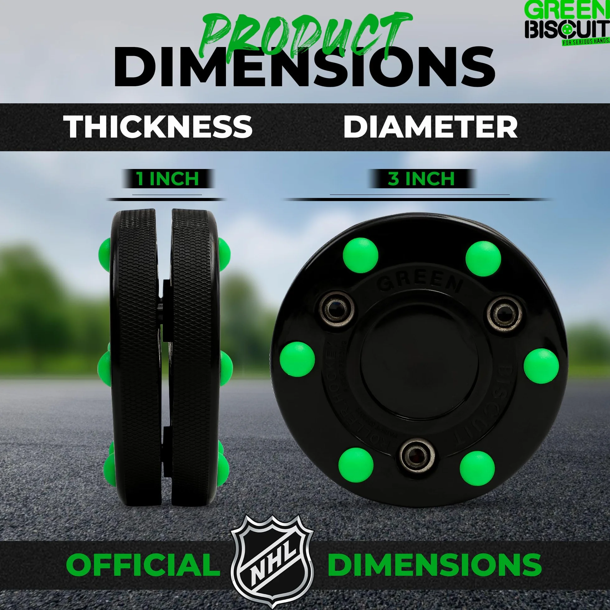 Green Biscuit Rollhockey-Puck, 2 Stück, NHL offizielle Off-Eishockey-Pucks für Schlägerhandhabung, Passing und Schießübungen – Outdoor-Straßenhockey-Puck, Durchmesser 7,6 cm, Dicke 2,5 cm