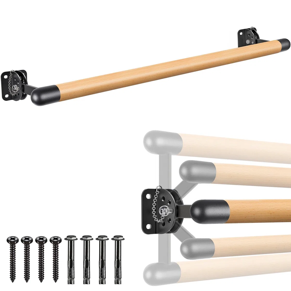 Dolibest Ballettstange Holz, 100-300cm Ballett Stange Kinder Höhenverstellbar Wandmontage Stretching Tanzstange Erwachsene Zuhause Barre Gym Training Ausrüstung mit Metallhalterung, 4cm Durchmesser