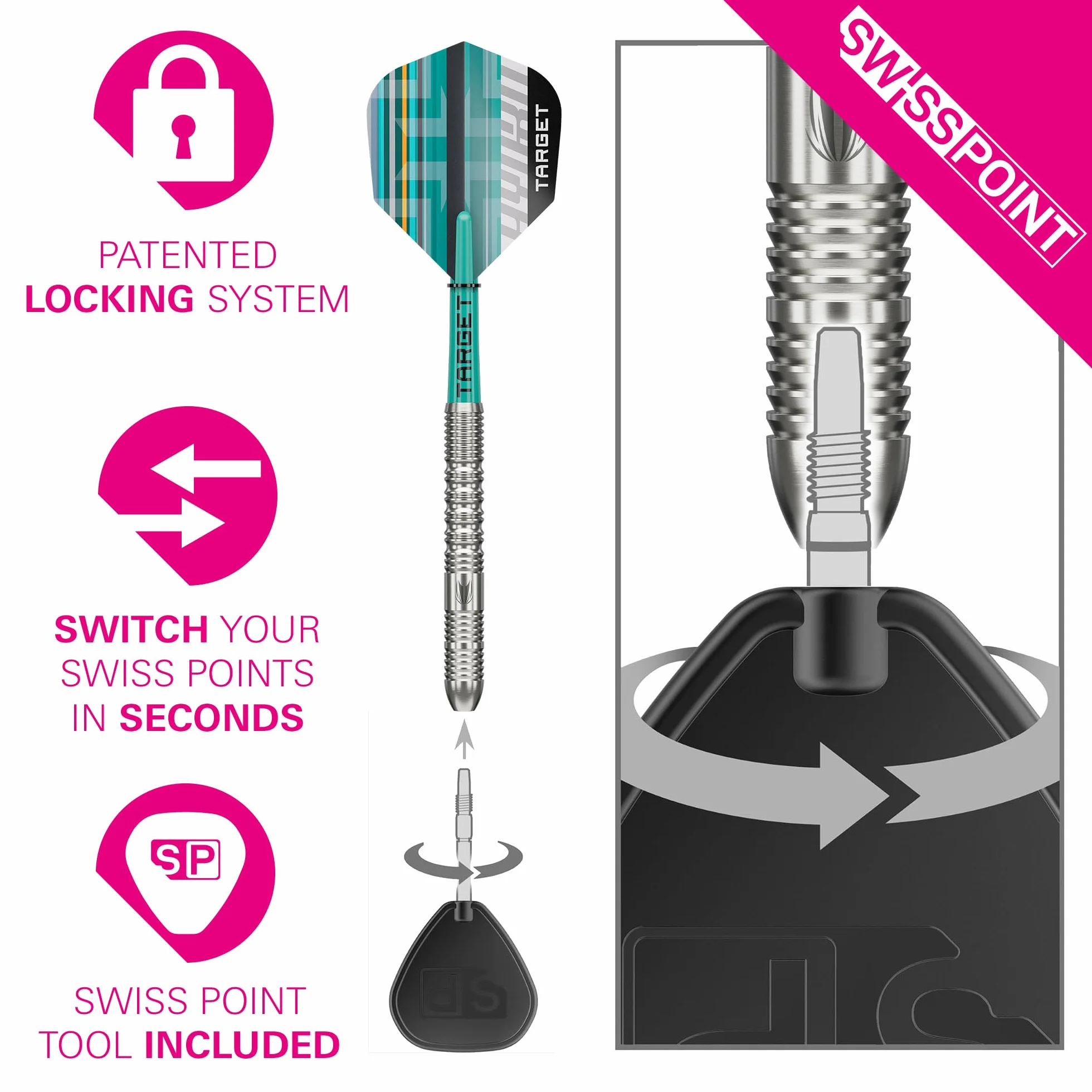 Target Darts Hydro Steel Tip Dart Set 21G/22G/23G/24G/25G/26G (Barrel 01/02/03) | 90 % Wolfram-Darts, Silberne Swiss Point-Spitzen, Pro Grip Tag-Schäfte, Pro Ultra No.6-Flügel, SP-Werkzeug inkl