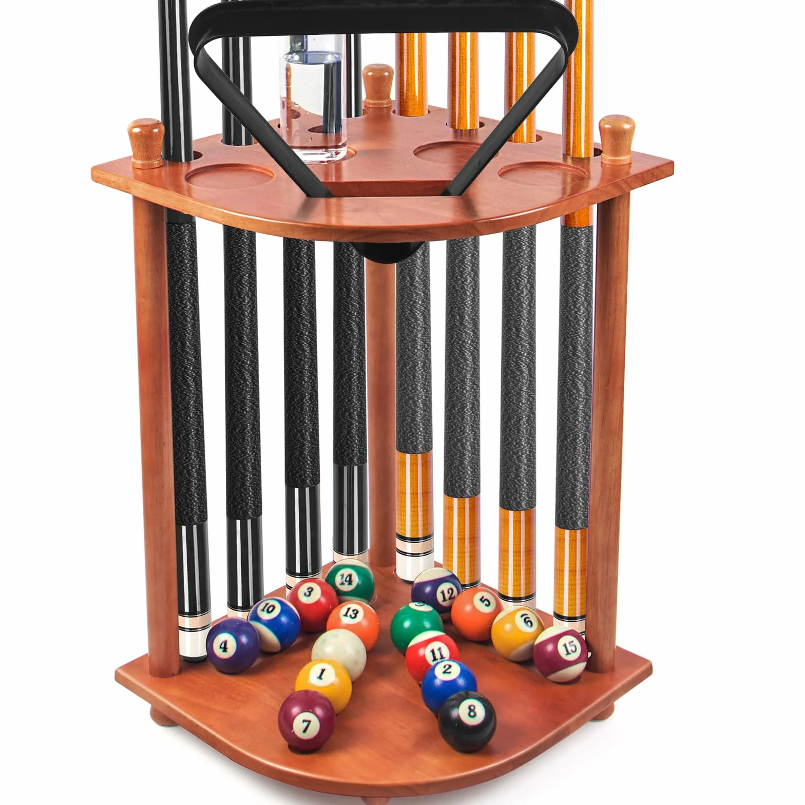 AKLOT Pool Queue Halter, Pool Queue Rack Billard Queue Racks mit Pool Stick Halter Getränkehalter 16 Kugelhalter hält 8 Sticks und komplettes Set Poolkugeln